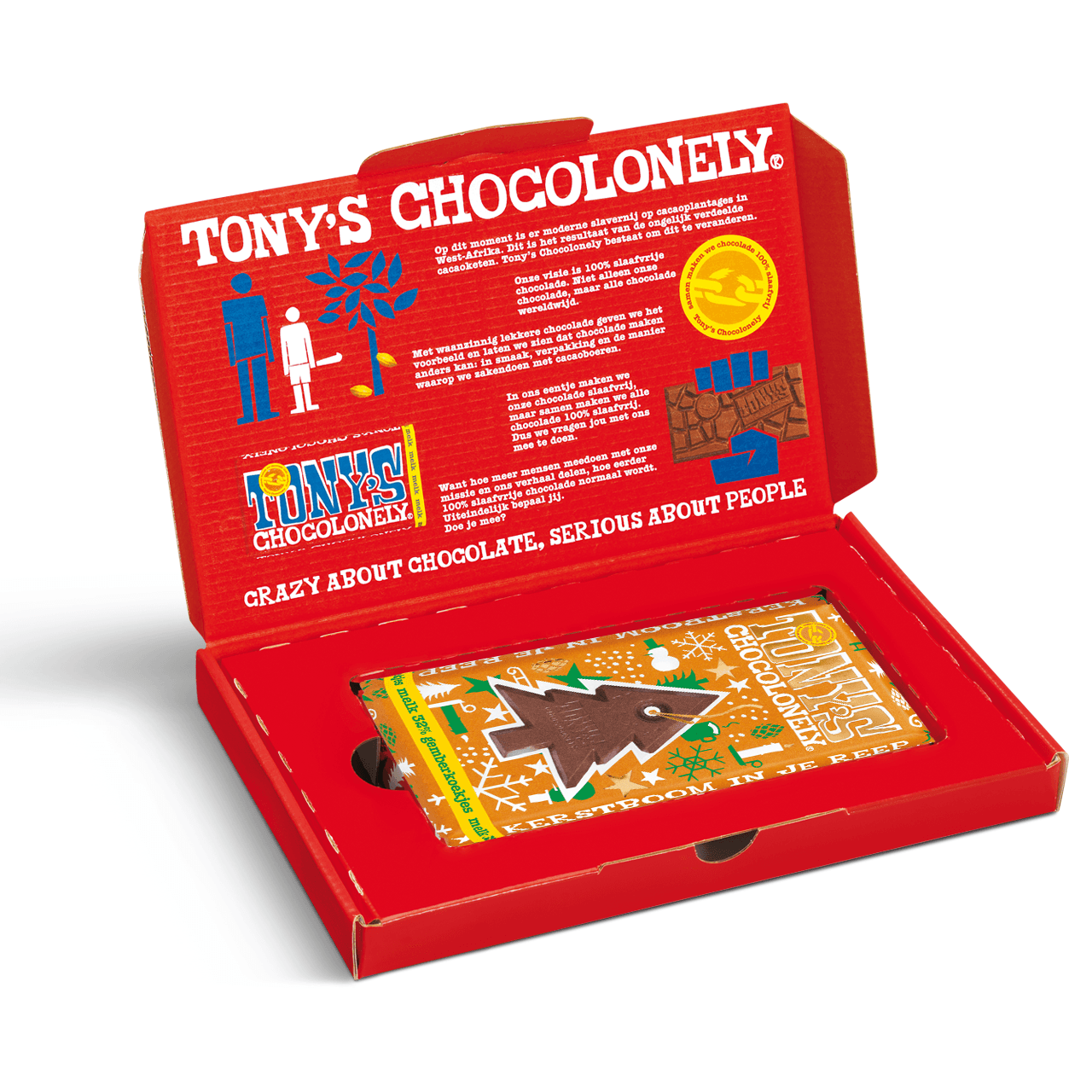 Open kerstcadeauverpakking van Tony’s Chocolonely melk gingerbread cookie met de 180g chocoladereep in rode verpakking met Tony’s info.