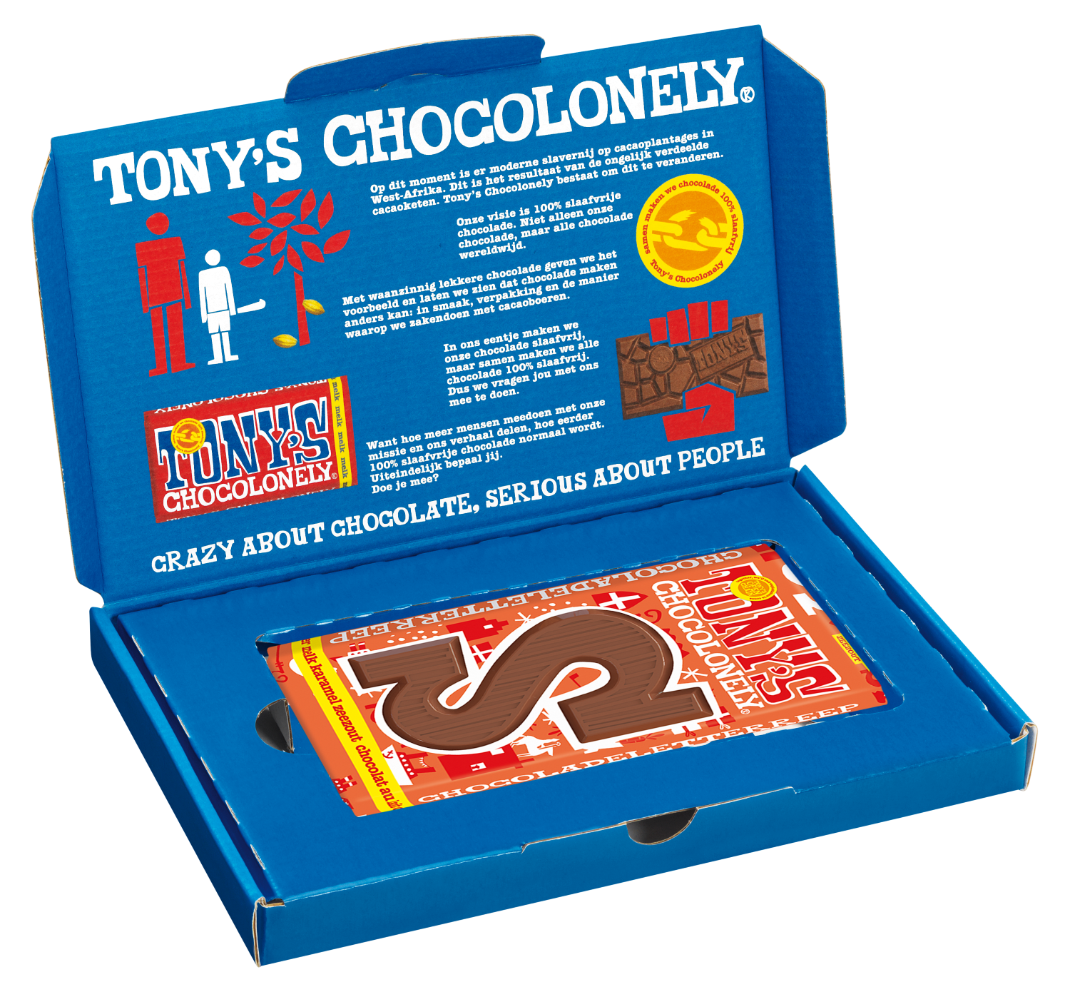 Open Sinterklaas cadeausleeve van Tony’s Chocolonely met de melk karamel-zeezout reep in feestelijke verpakking met Tony’s info.