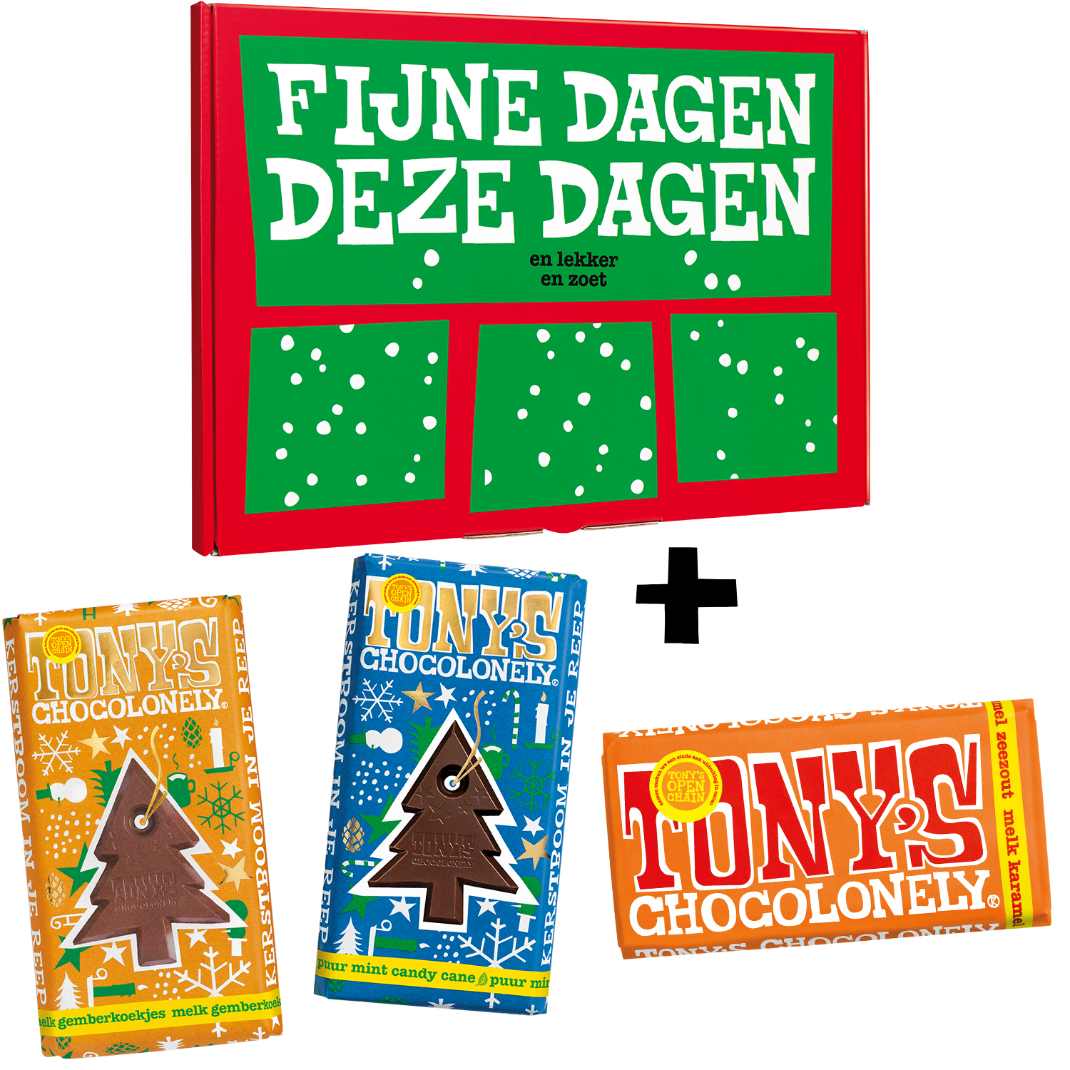 Kerstchocoladegeschenkset van Tony’s Chocolonely met drie repen: melk karamel-zeezout, melk gingerbread en puur mint candy cane.