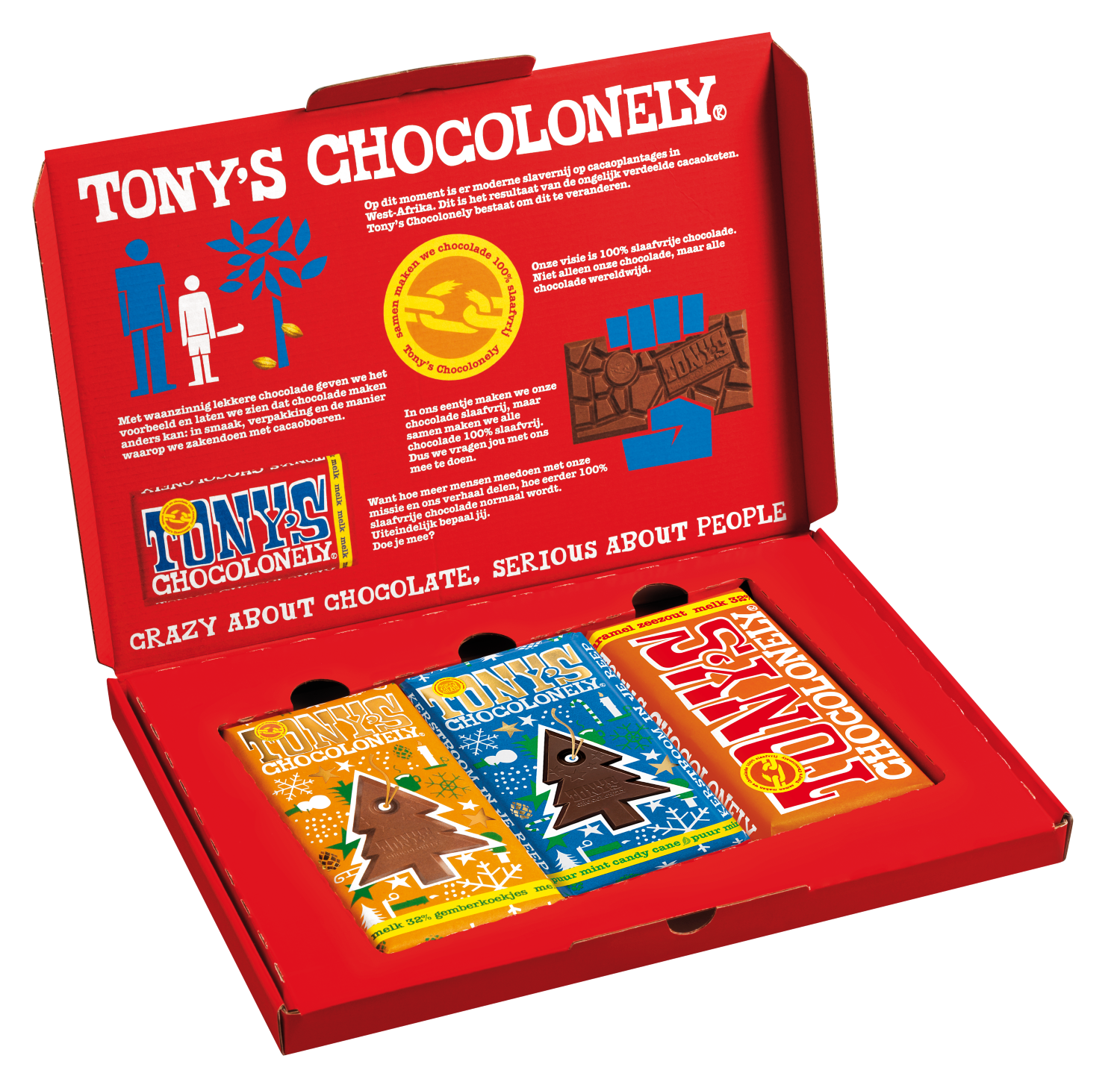 Open kerstgeschenkset van Tony’s Chocolonely met drie feestelijke repen in de doos: melk karamel-zeezout, melk gingerbread en puur mint candy cane.