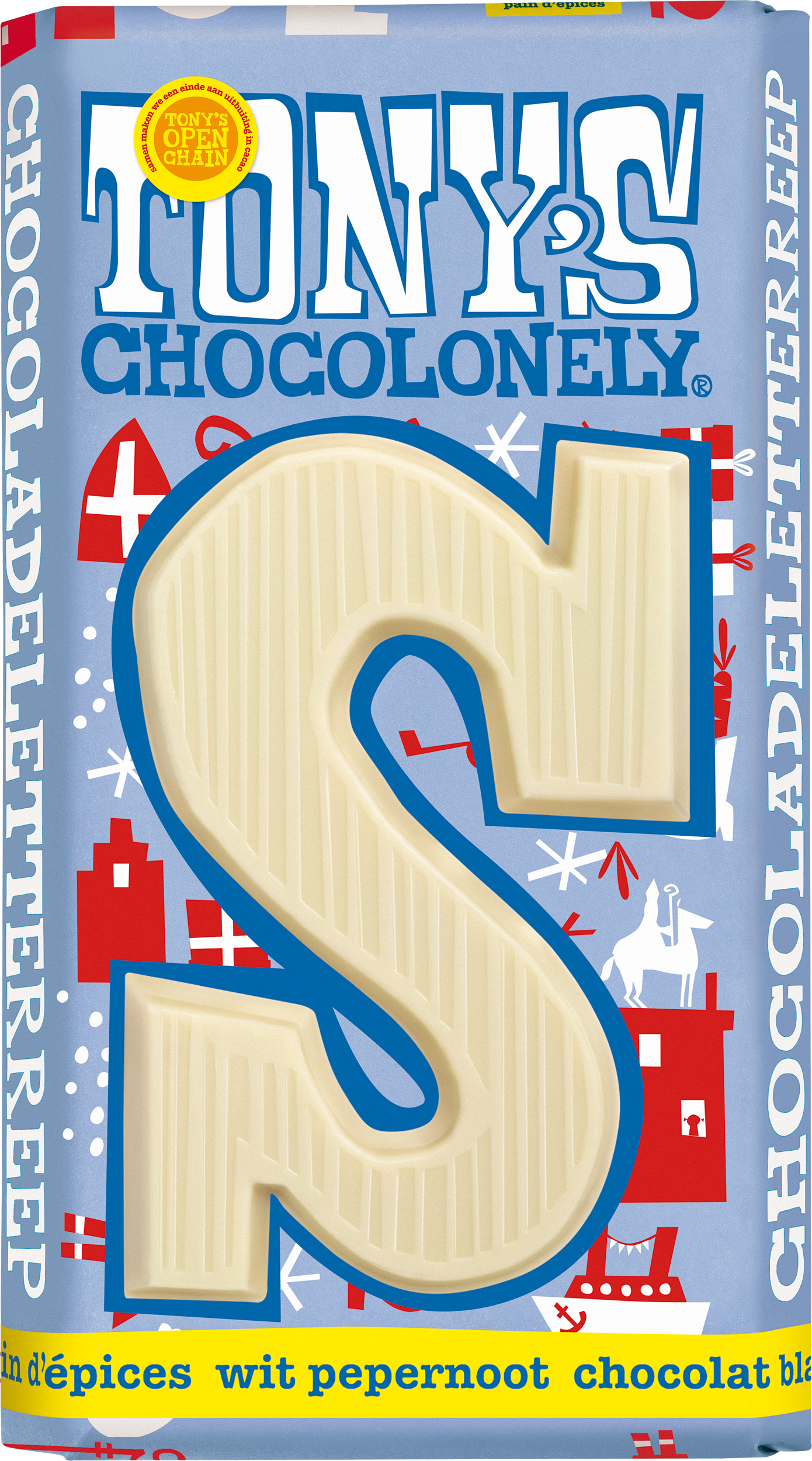 Tony’s Chocolonely Sinterklaas chocoladeletter S in witte chocolade pepernoot smaak in feestelijke lichtblauwe verpakking.