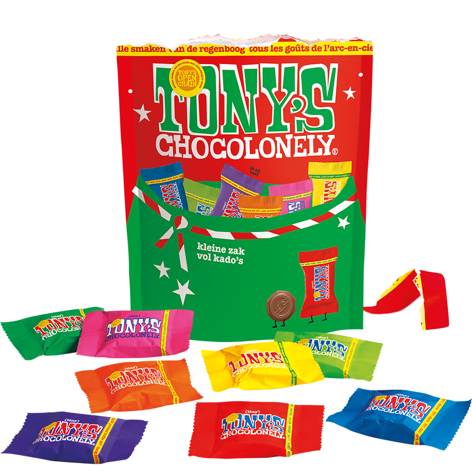 Kerstchocolademixzak van Tony’s Chocolonely met acht kleurrijke Tiny Tony’s chocolaatjes in feestelijke rood-groene verpakking.