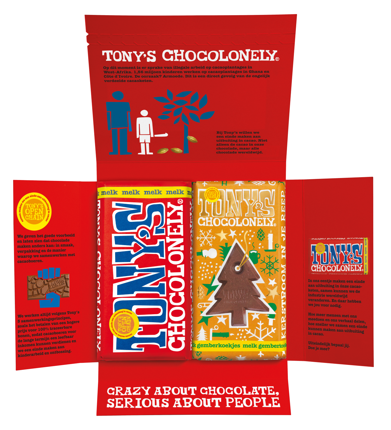 Open kerstcadeauset van Tony’s Chocolonely met de repen melkchocolade en melk gingerbread cookie in een hoes met Tony’s missie-info.