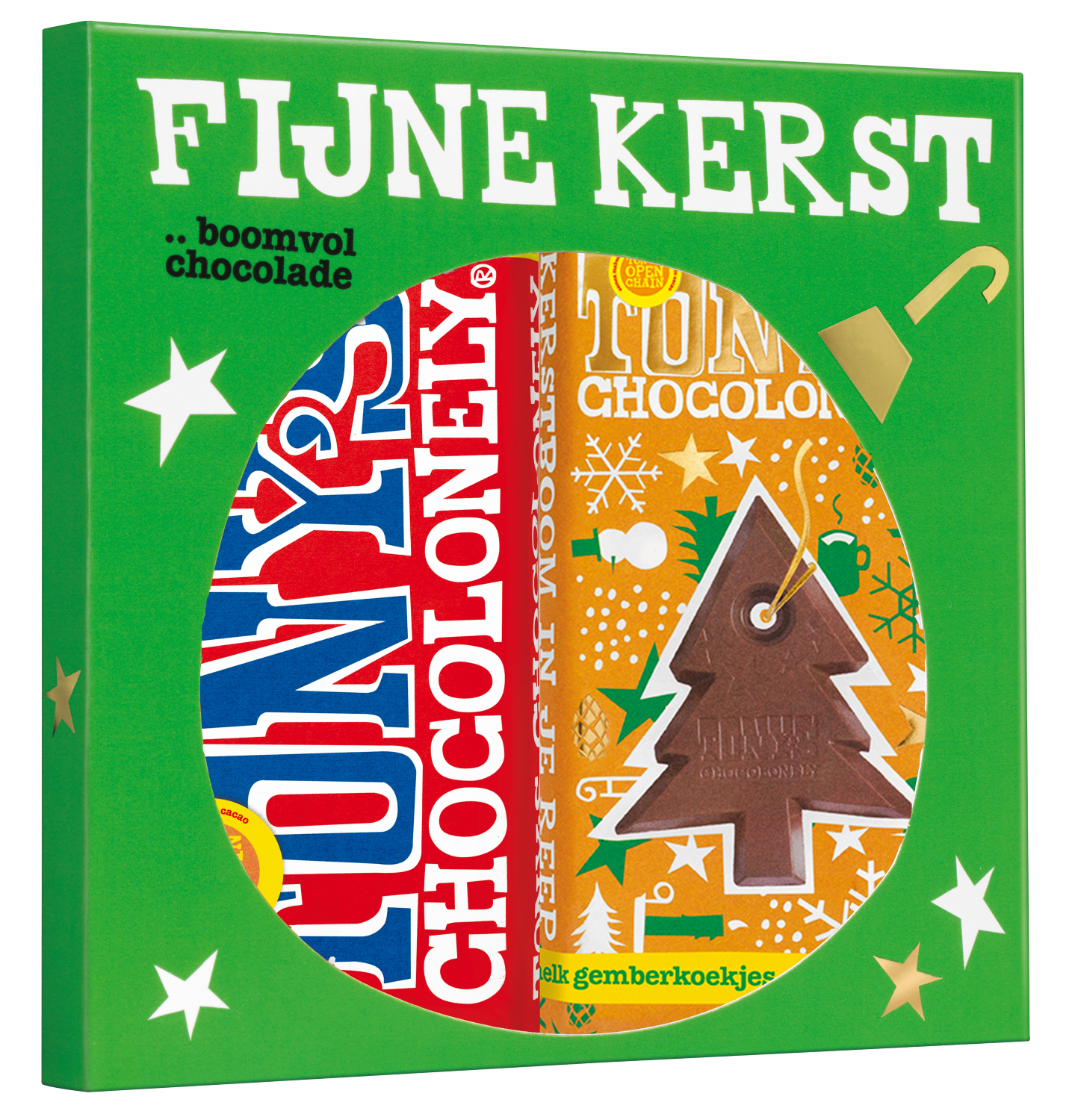 Tony’s Chocolonely kerstcadeauset met twee repen: klassieke melkchocolade en melk gingerbread cookie in een groene feesthoes.