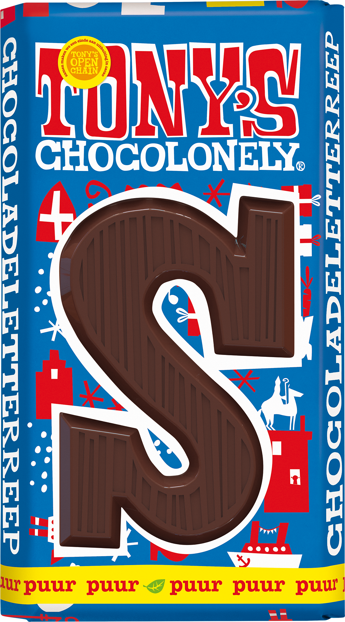 Tony’s Chocolonely Sinterklaas chocoladeletter S in pure chocolade in blauwe feestverpakking.