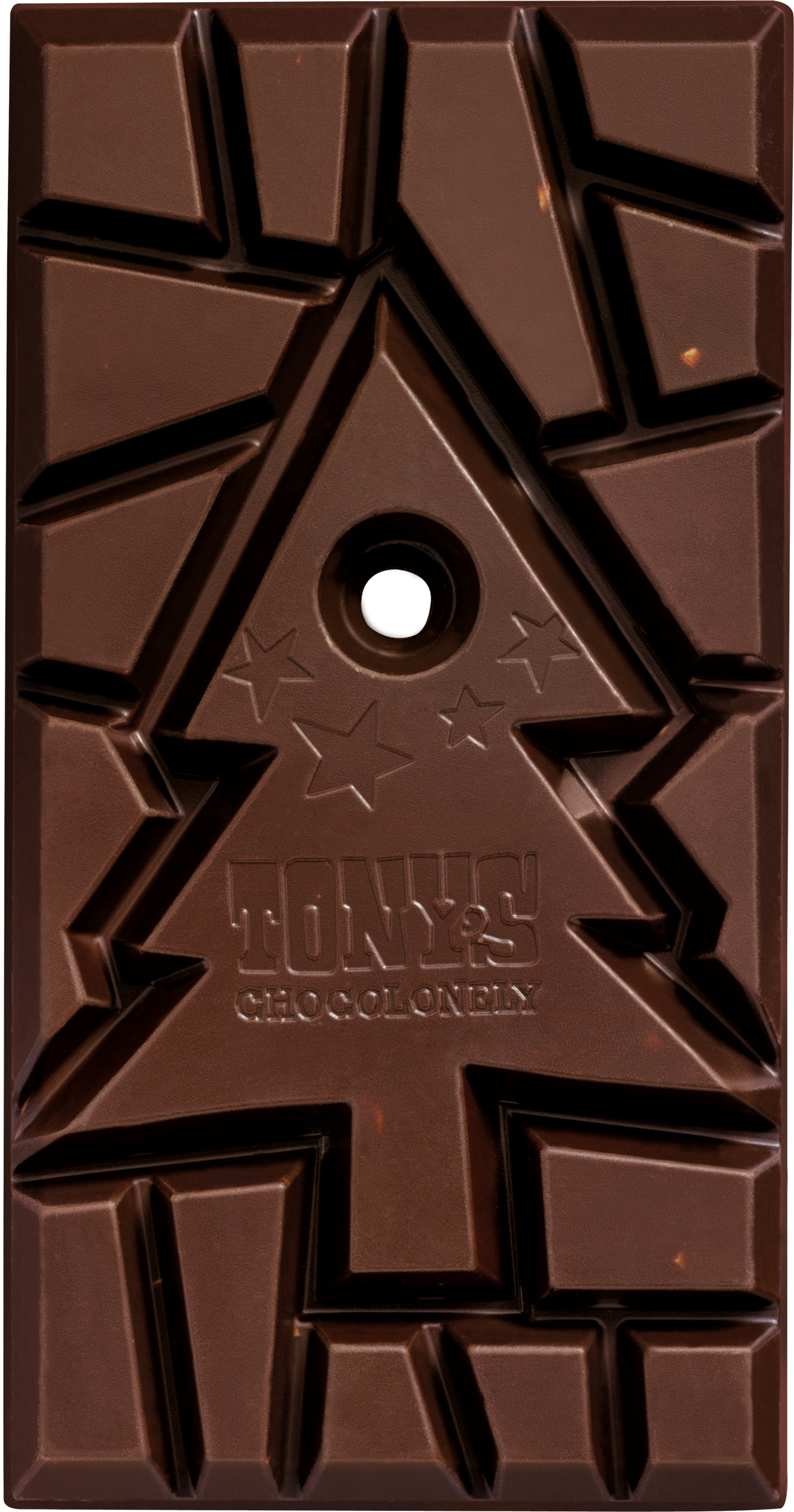 Chocoladestuk in kerstboomvorm van Tony’s Chocolonely melk gingerbread met logo en ophangoogje voor kerstdecoratie.