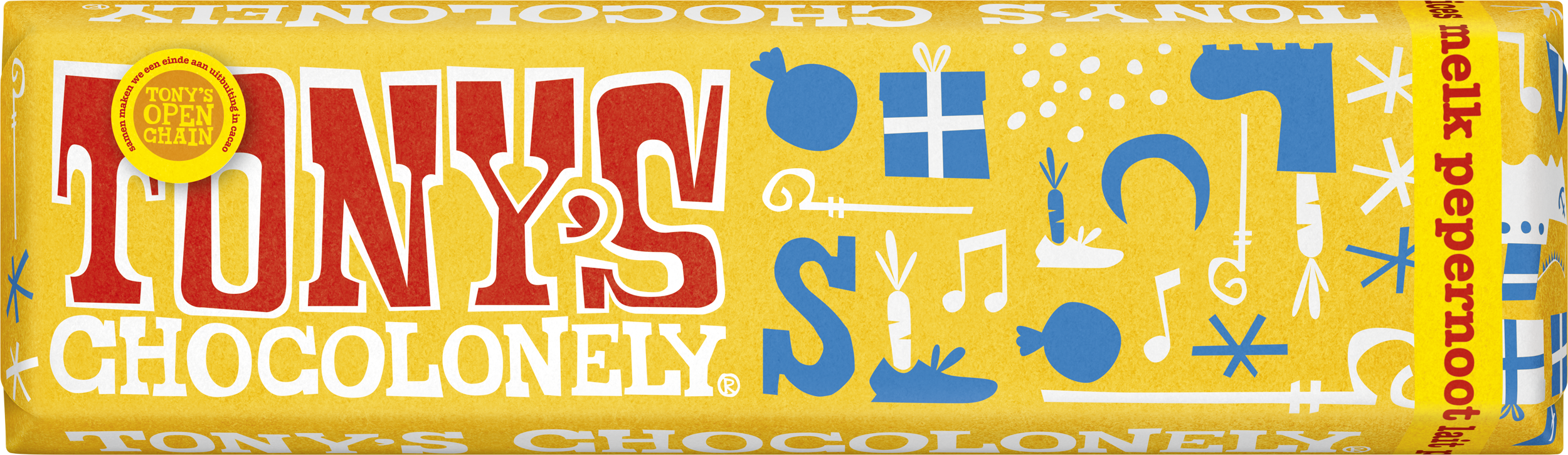 Tony’s Chocolonely kleine Sinterklaasreep in melk chocolade pepernoot smaak in feestelijke gele wikkel.