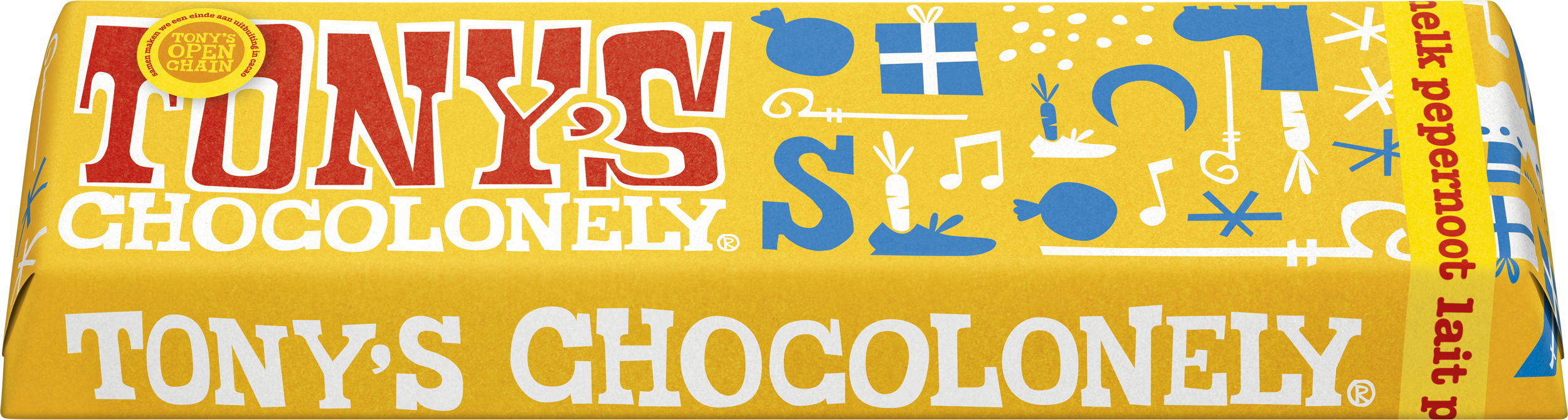 Schuine weergave van Tony’s Chocolonely kleine melk chocolade pepernoot reep in feestelijke Sinterklaas wikkel.
