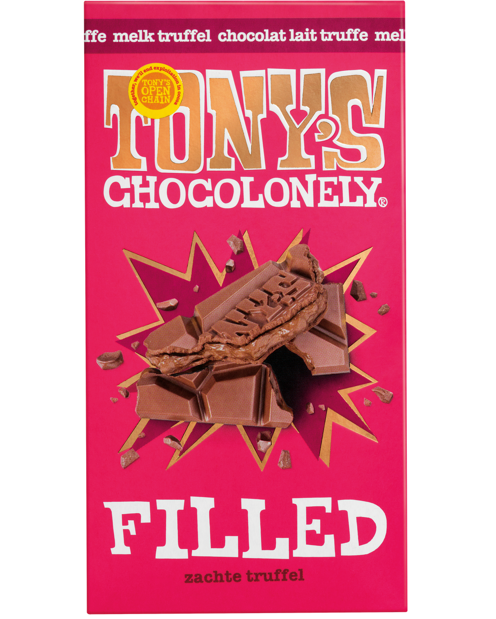 Tony’s Chocolonely gevulde chocolade reep melk zachte truffel – verpakking