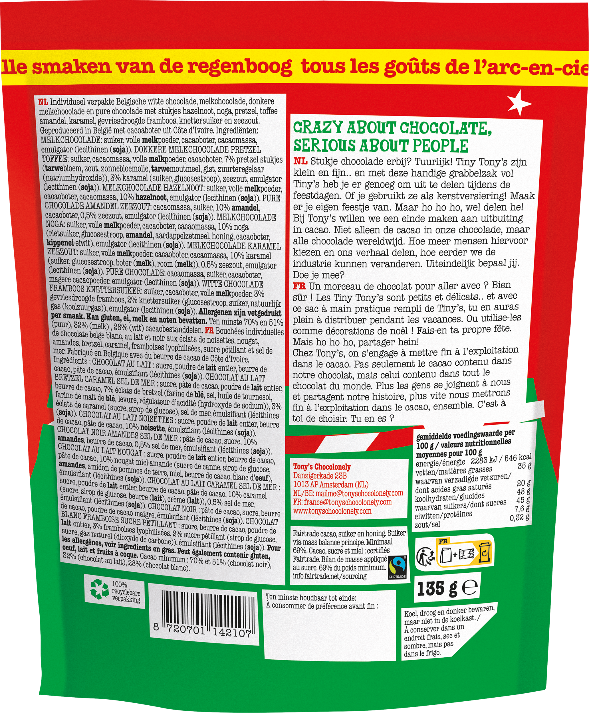 Achterkant van Tony’s Chocolonely Tiny Tony’s kerstchocolademixzak met ingrediënten, Fairtrade-logo en voedingsinformatie.