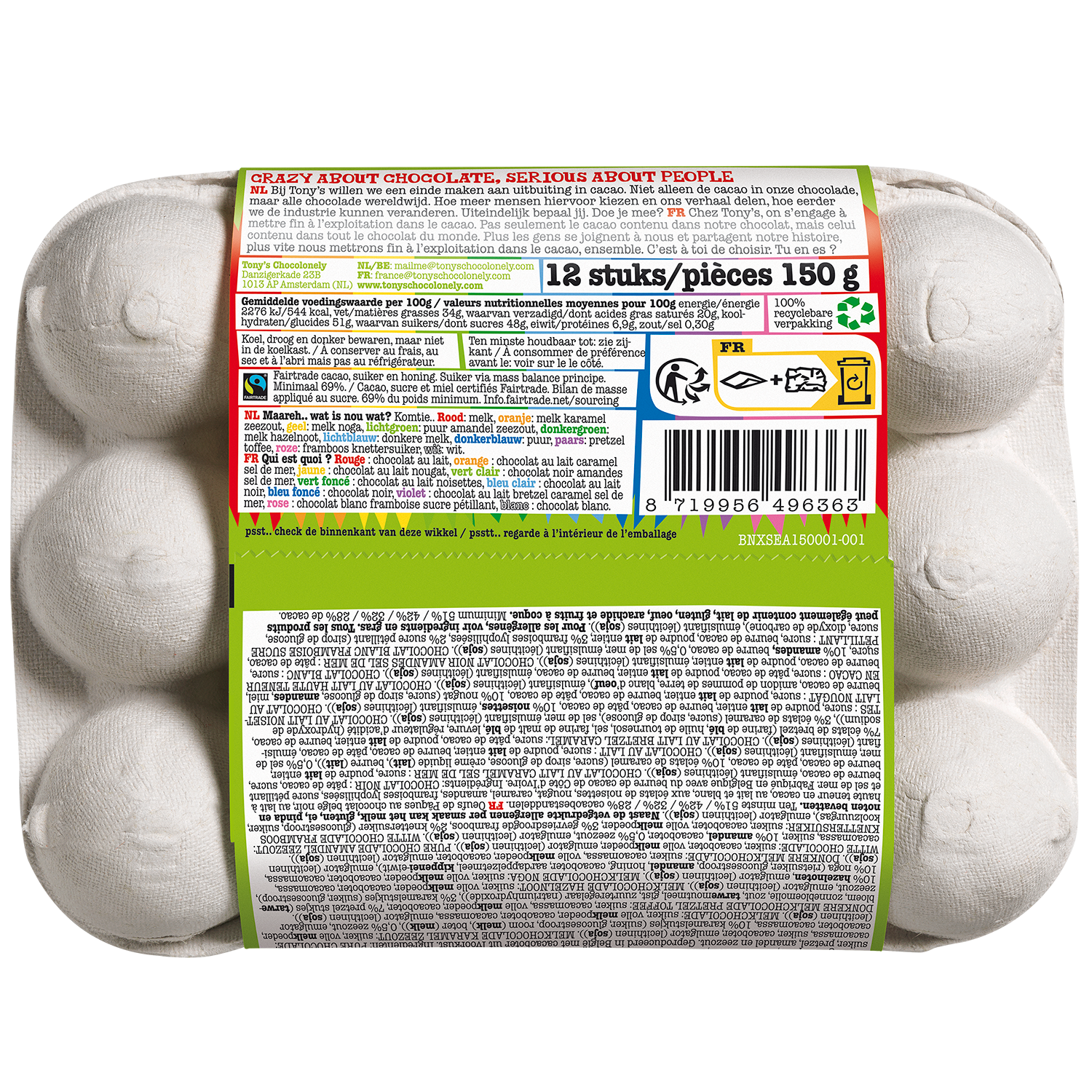Achterkant van kleine chocolade paaseitjesdoos met ingrediënten, voedingswaarden en barcode