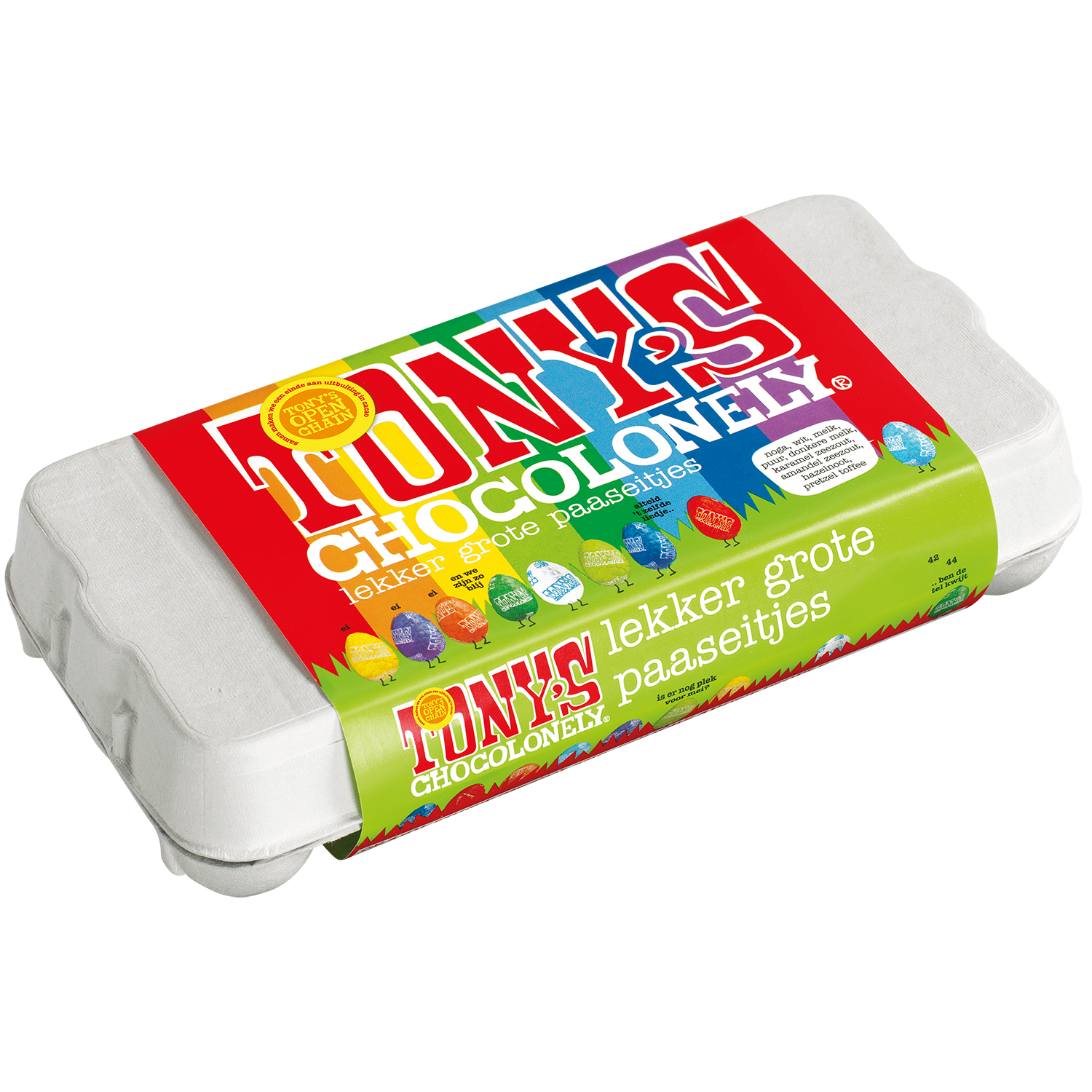 Grote chocolade paaseitjesdoos, bovenaanzicht van gesloten doos met regenboogwikkel