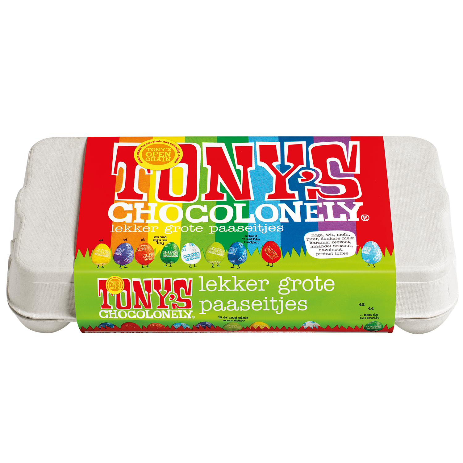 Grote chocolade paaseitjesdoos, bovenaanzicht van gesloten doos met regenboogwikkel