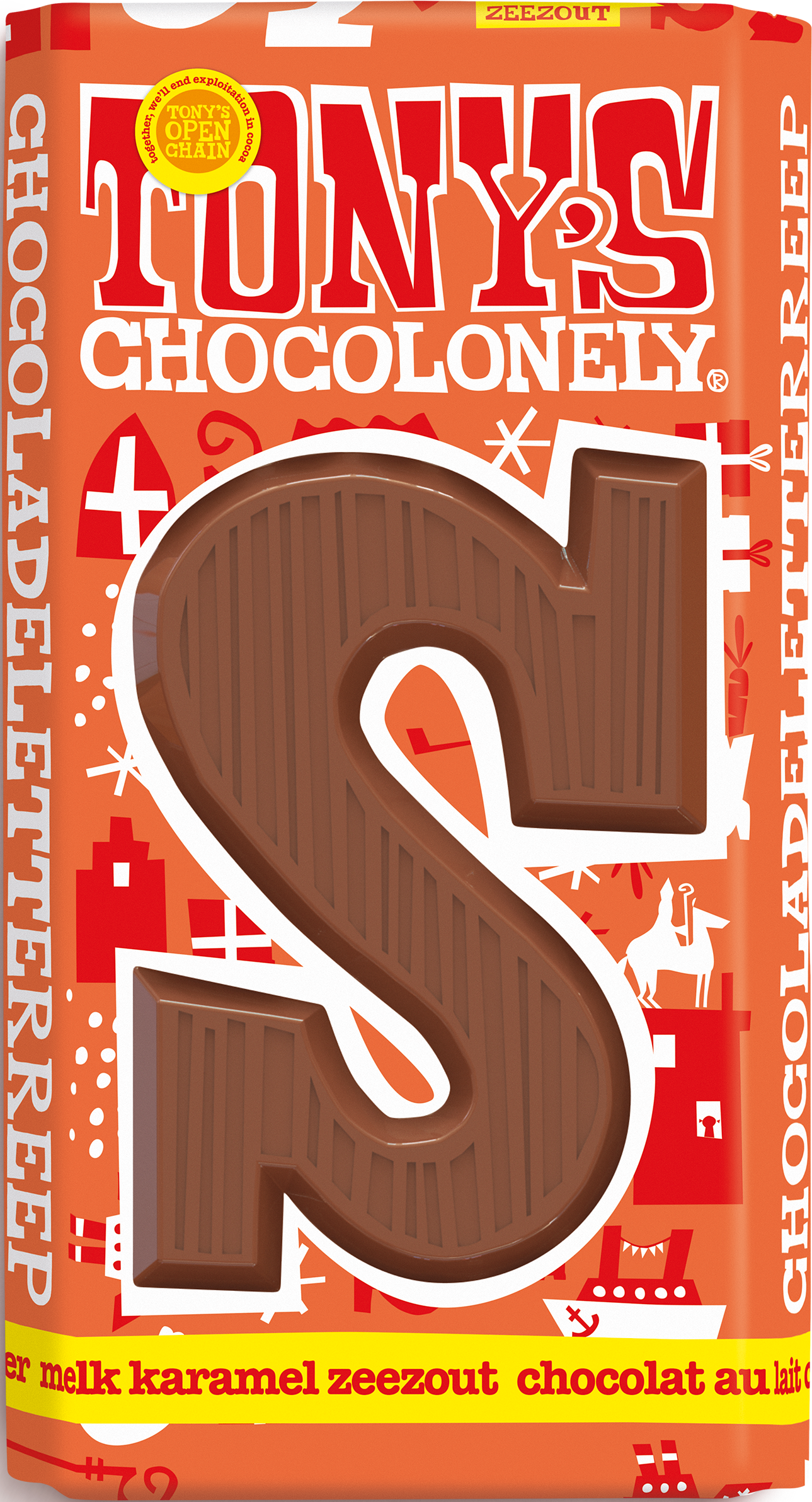 Tony’s Chocolonely Sinterklaas chocoladeletter S in melk karamel-zeezout smaak in feestelijke oranje verpakking.