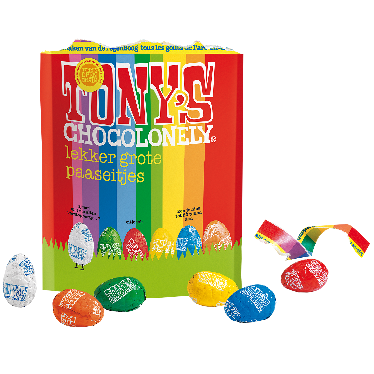 Zak met chocolade paaseitjes, vooraanzicht met assorti paaseieren