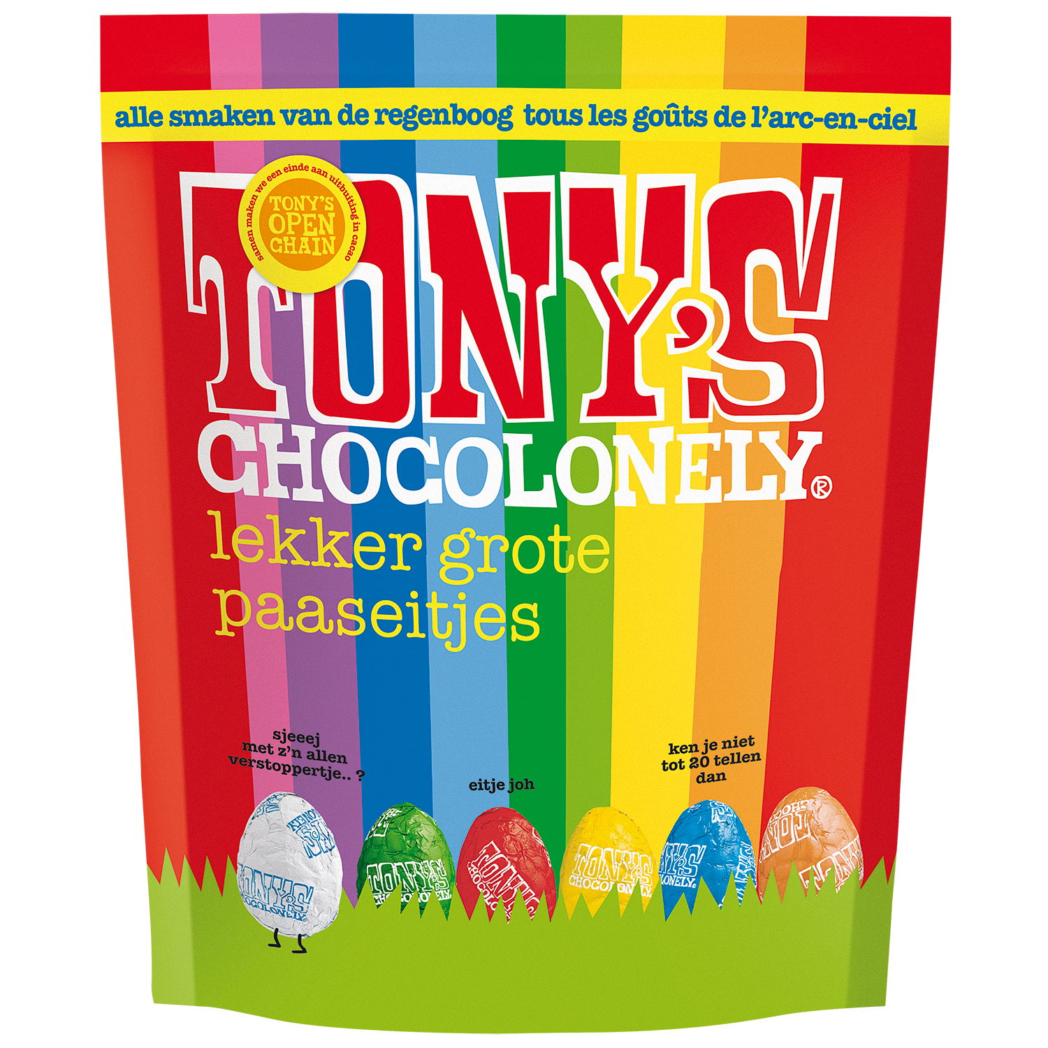 Zak met chocolade paaseitjes, close-up van de voorkant met regenboogdesign