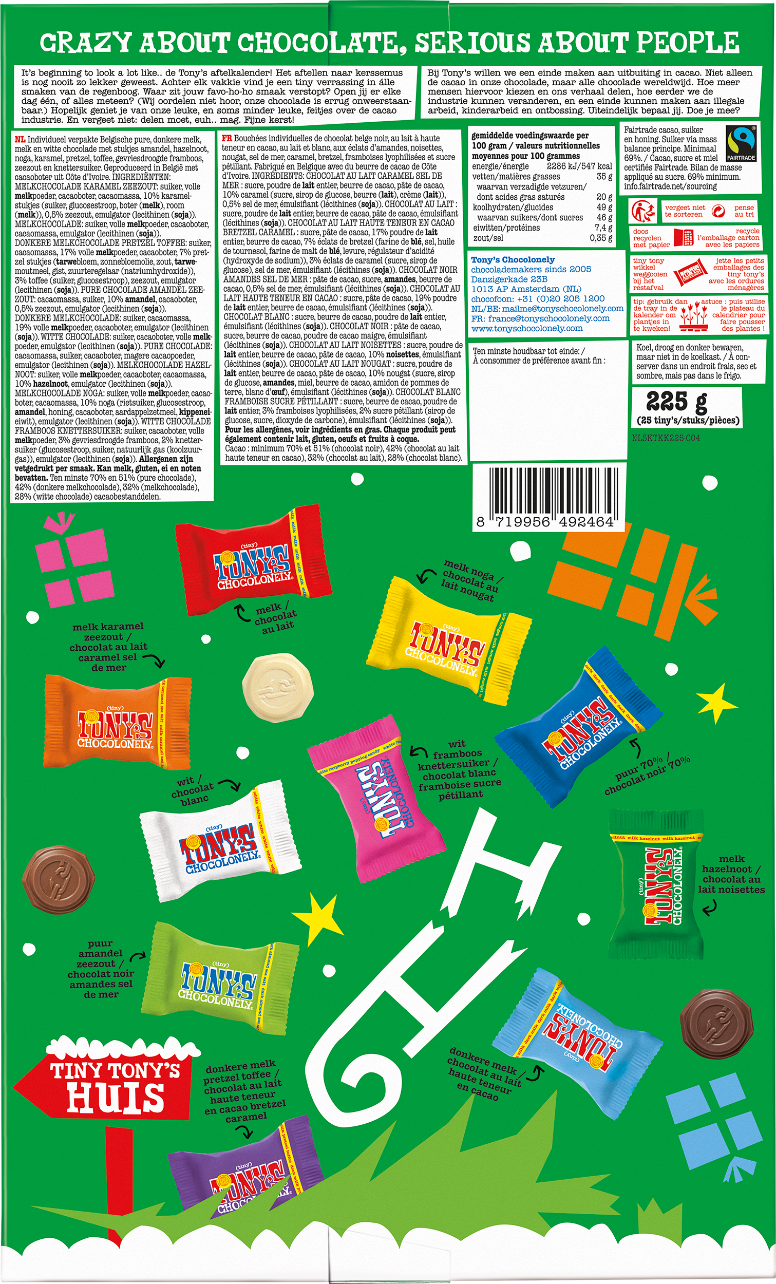 Achterkant van Tony’s kerst adventskalender met ingrediënten, voedingswaarden en 10 kleurrijke mini chocolaatjes zoals karamel-zeezout en puur.