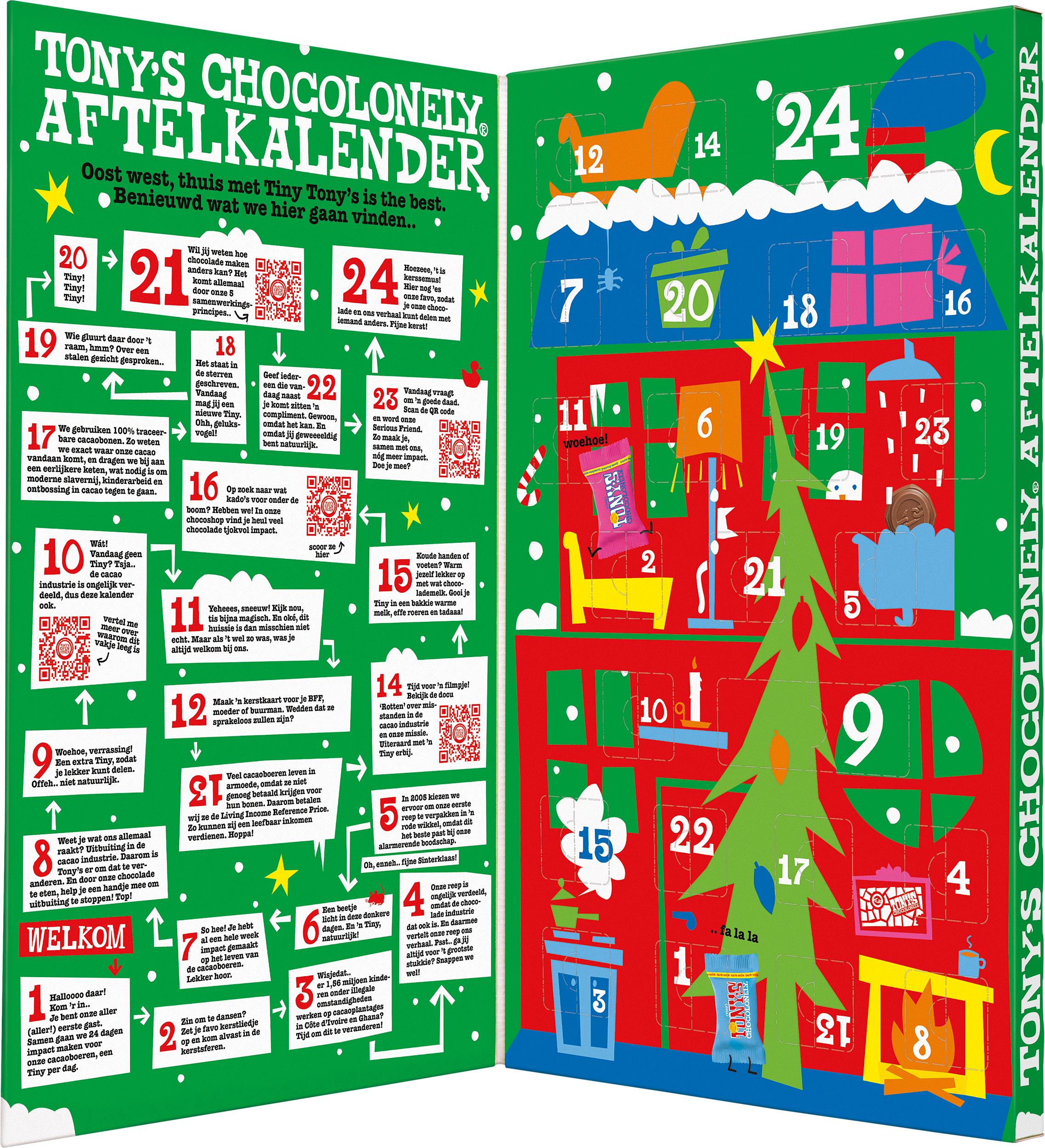 Open kerst aftelkalender van Tony’s Chocolonely met 24 feestelijke raampjes en deurtjes die mini chocolaatjes onthullen.