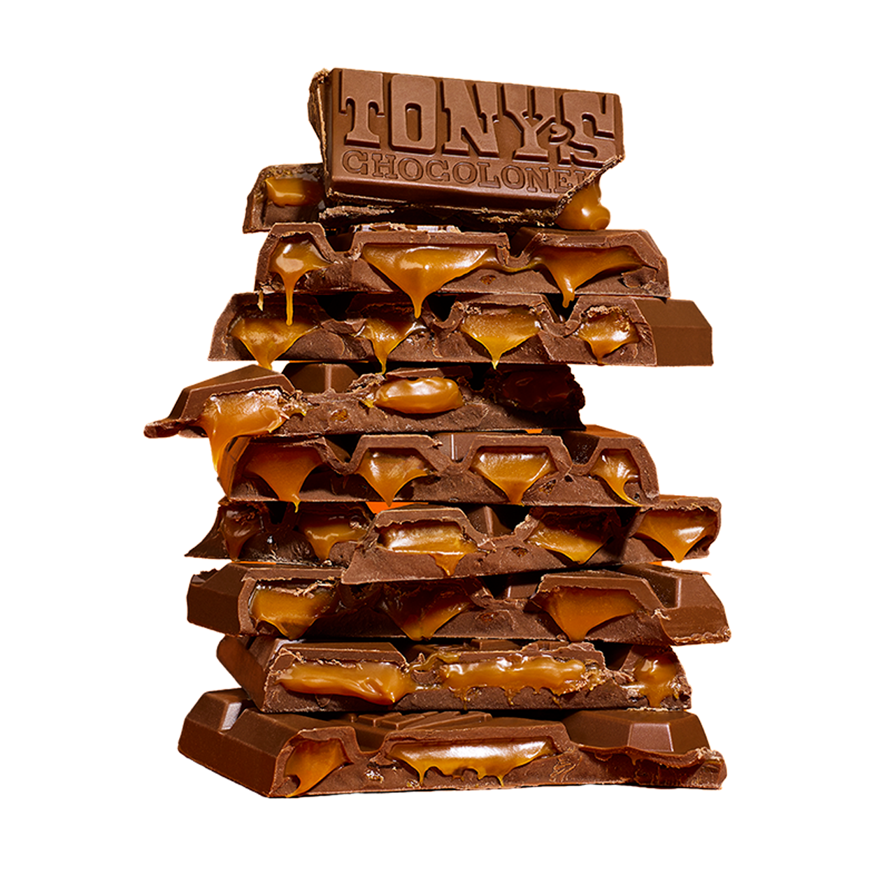 Doorsnede chocoladereep met vulling – karamelvulling met zeezout en knapperige stukjes