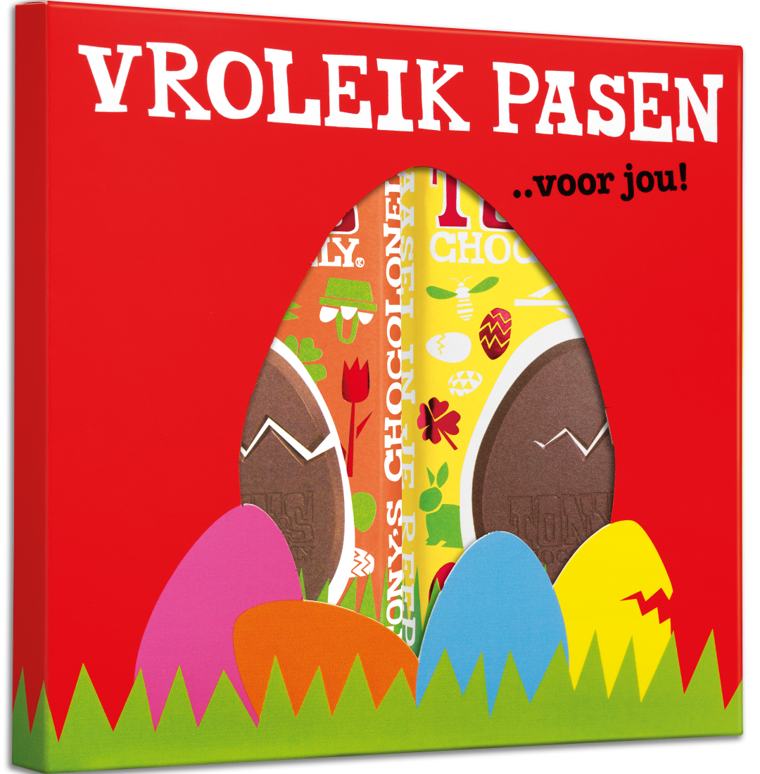 Gesloten Paaskadoos met twee repen melk karamel zeezout en melk meringue citroen, vooraanzicht “Vrolijk Pasen”