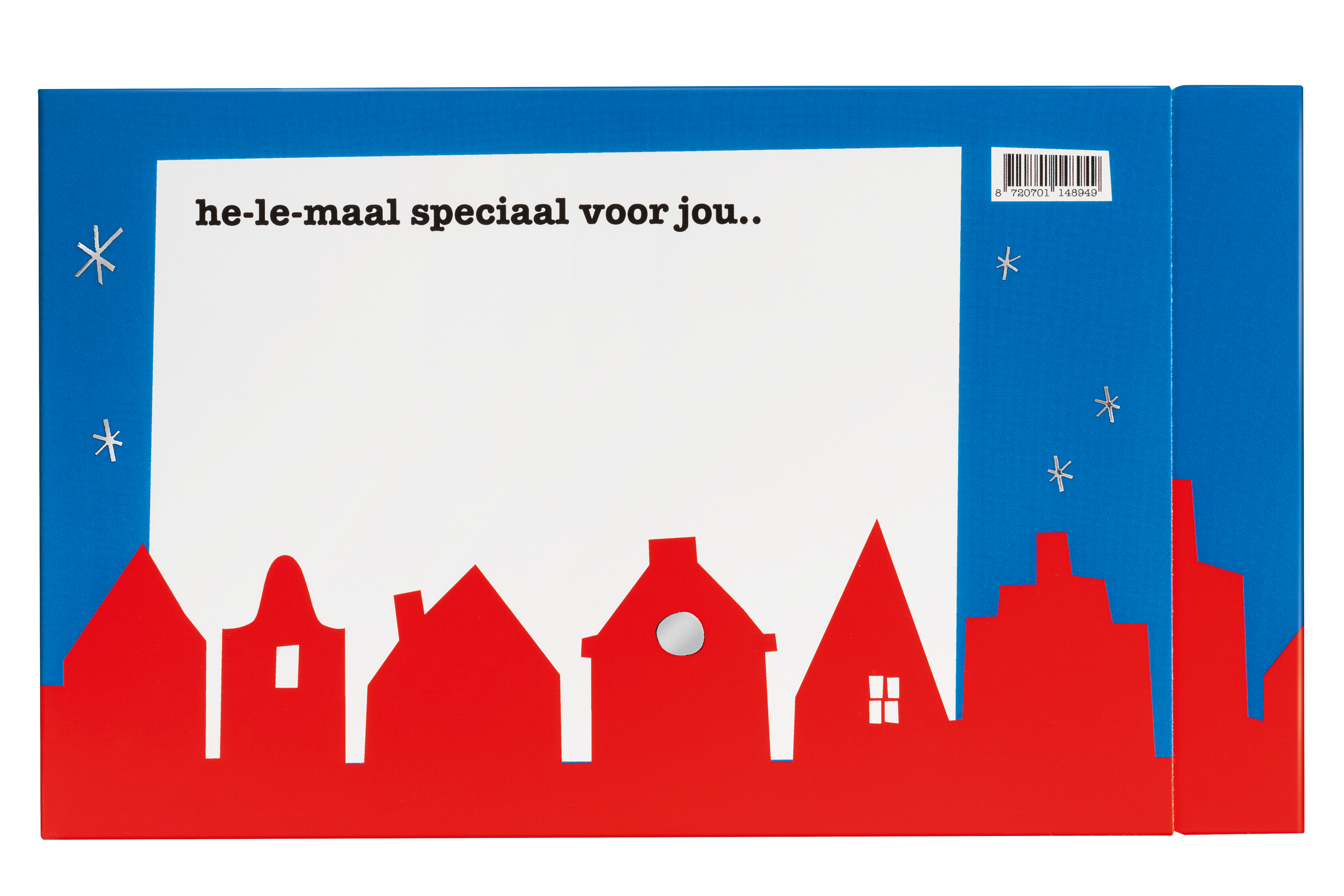 Achterkant van Tony’s Chocolonely chocoladeproefpakket voor Sinterklaas met blanco schrijfvlak op de feestelijke hoes voor een persoonlijke boodschap.