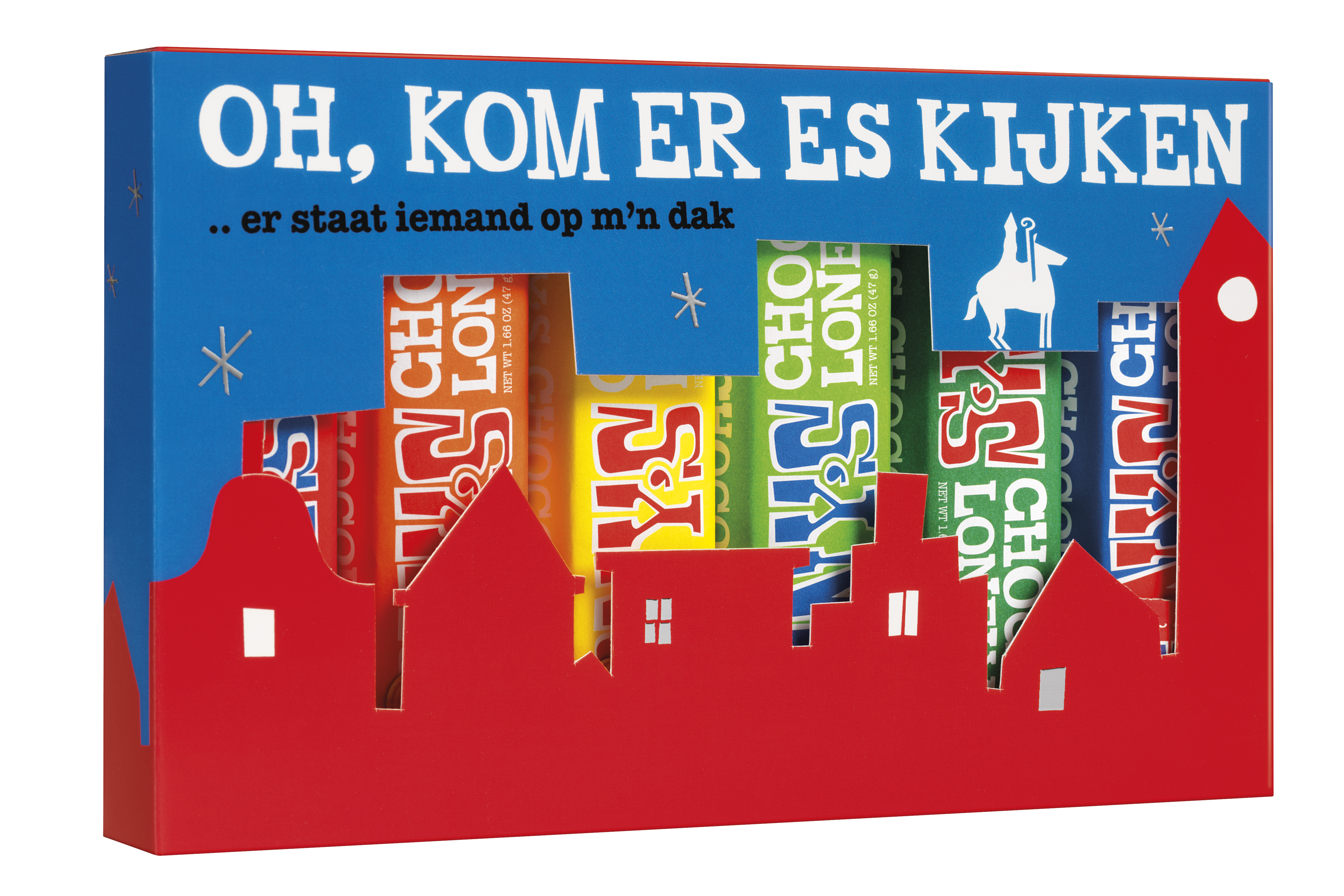 Tony’s Chocolonely chocoladeproefpakket voor Sinterklaas met zes kleurrijke mini repen in een feestelijke rood-gele hoes.