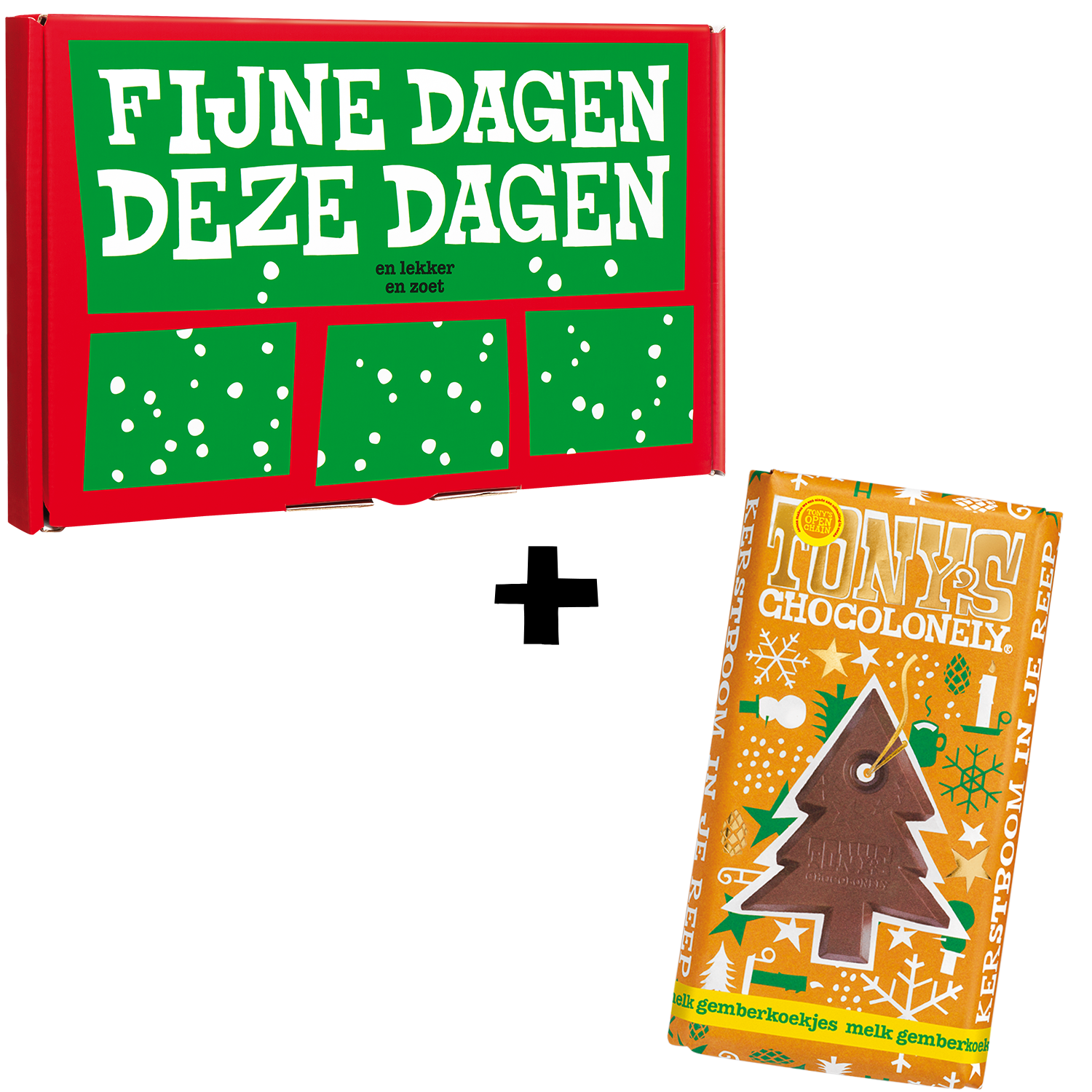 Tony’s Chocolonely kerstcadeauverpakking met kerstontwerp en 180g melk gingerbread chocoladereep binnenin.