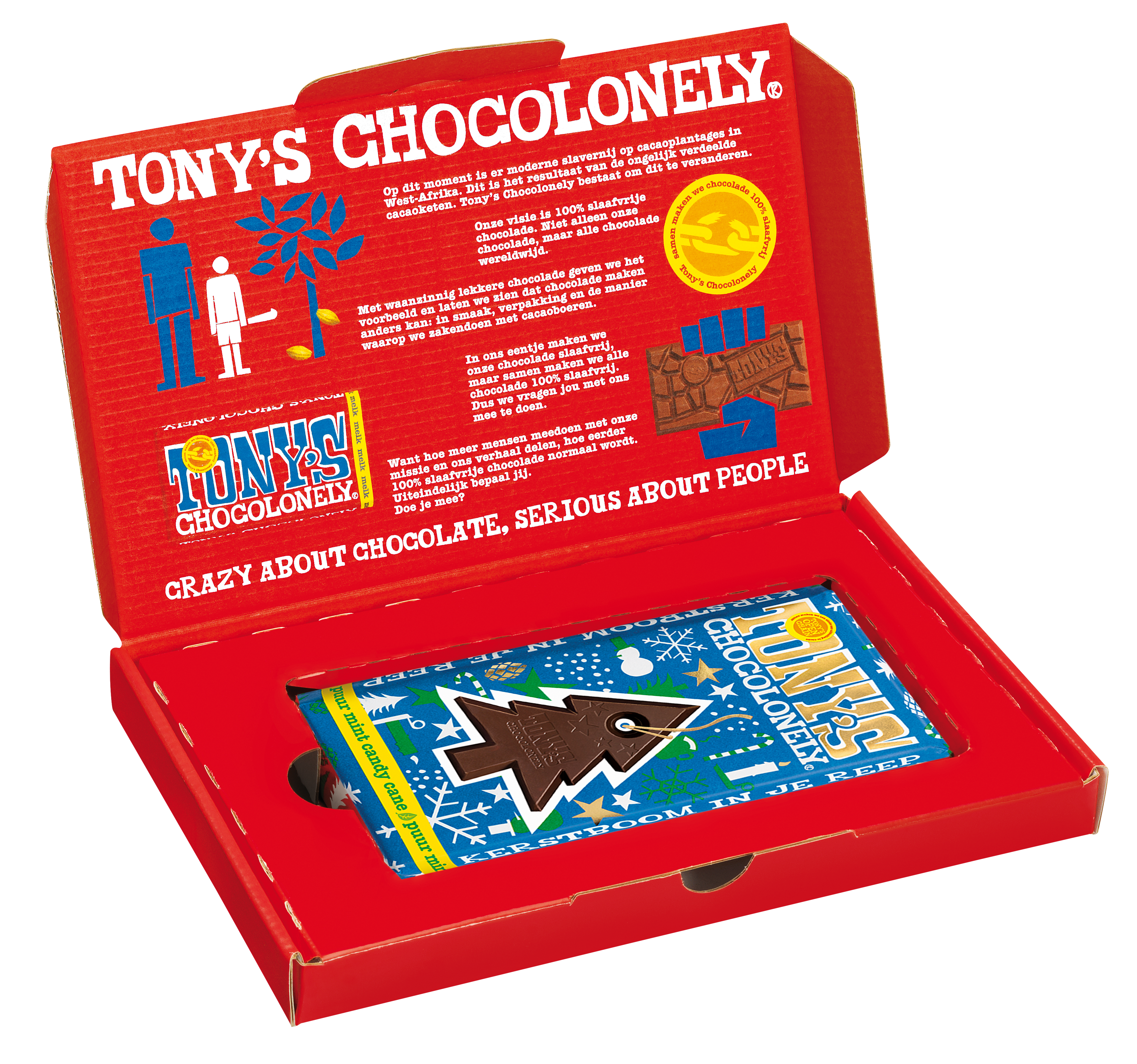 Tony’s Chocolonely dark mint candy cane kerstcadeauverpakking met de 180g pure chocoladereep zichtbaar in kerstthema-verpakking.