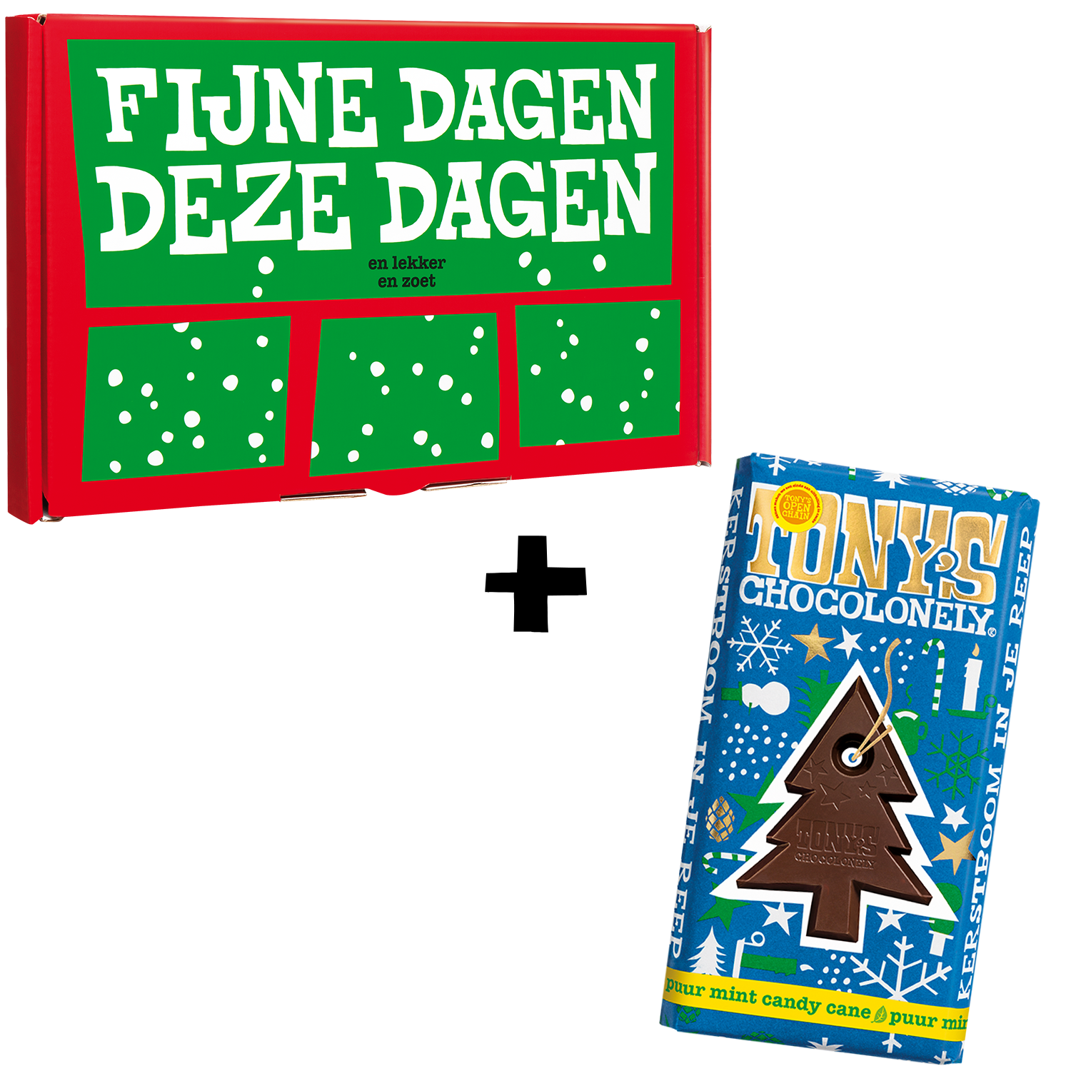 Tony’s Chocolonely dark mint candy cane kerstcadeauverpakking met rood-groene feesthoes en 180g pure chocoladereep.