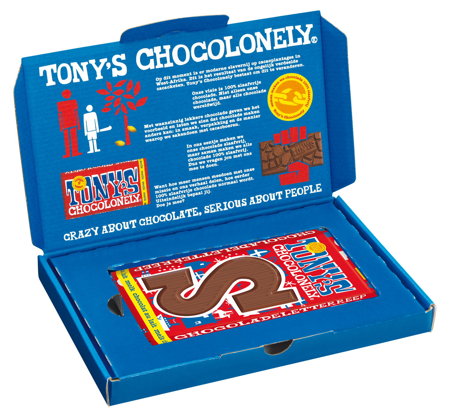 Open Sinterklaas cadeausleeve van Tony’s Chocolonely met de melkchocoladereep in feestelijke verpakking met informatie over Tony’s.