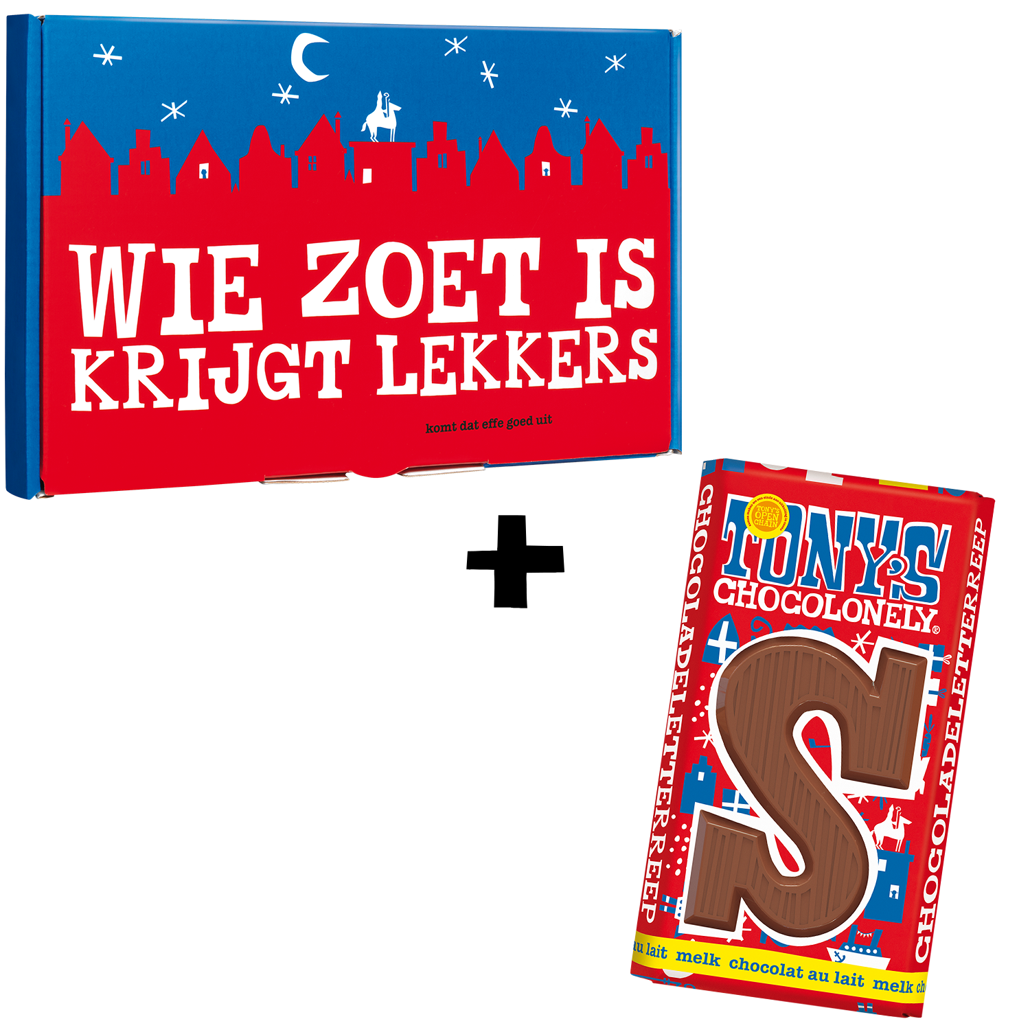 Tony’s Chocolonely Sinterklaas cadeausleeve met een melkchocoladereep in donkerblauwe sterrennacht en rode verpakking.