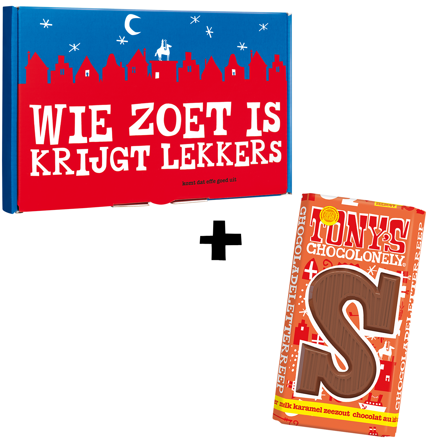 Tony’s Chocolonely Sinterklaas cadeausleeve met een melk karamel-zeezout reep in sterrendonkerblauwe en rode verpakking.
