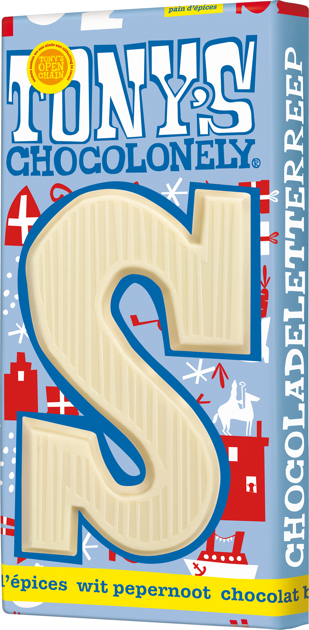 Schuine weergave van Tony’s Chocolonely witte chocolade pepernoot letter S voor Sinterklaas in lichtblauwe wikkel met Sinterklaasontwerp.