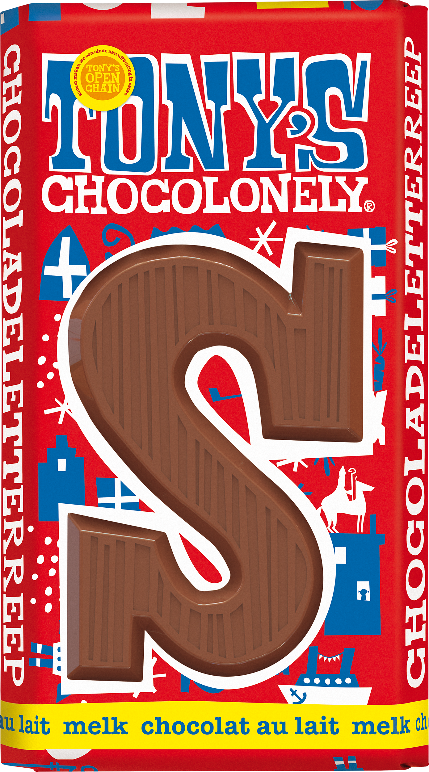 Tony’s Chocolonely Sinterklaas chocoladeletter S in melkchocolade in feestelijke rode verpakking.