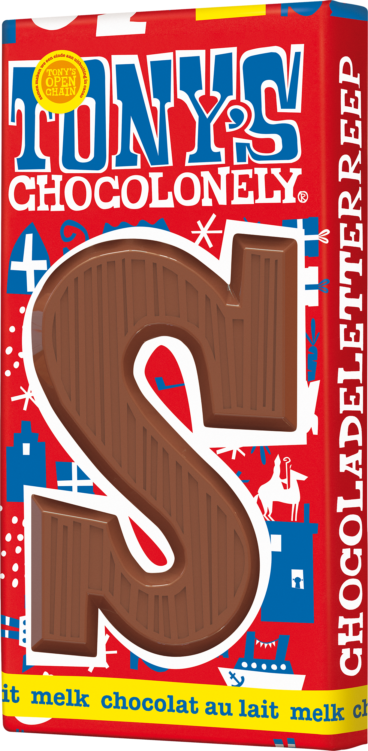 Schuine weergave van Tony’s Chocolonely melkchocolade letter S voor Sinterklaas in rode wikkel.