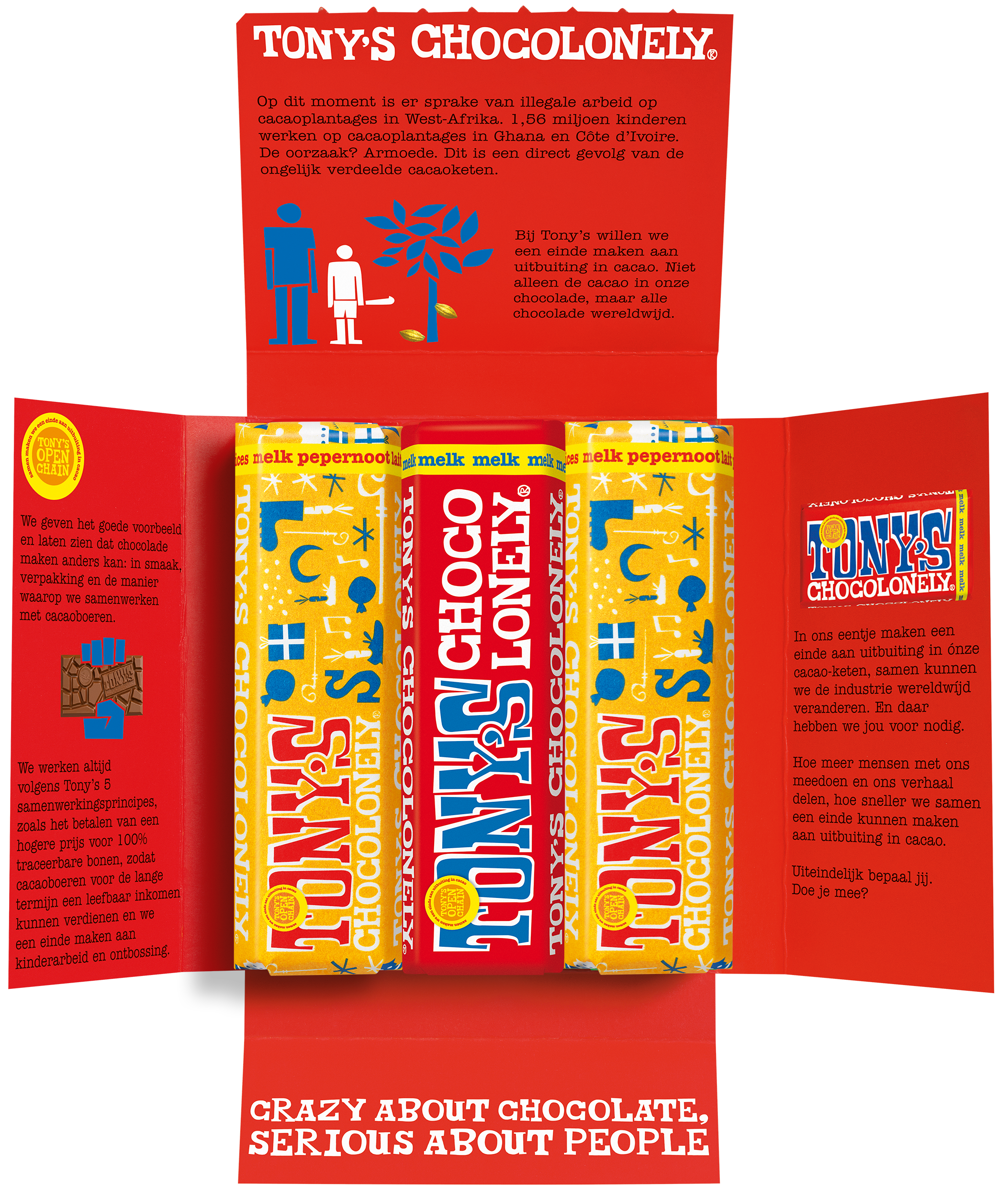 Open Sinterklaas cadeaupakket van Tony’s Chocolonely met één melkchocoladereep en twee melk pepernoot repen in de feestelijke hoes.