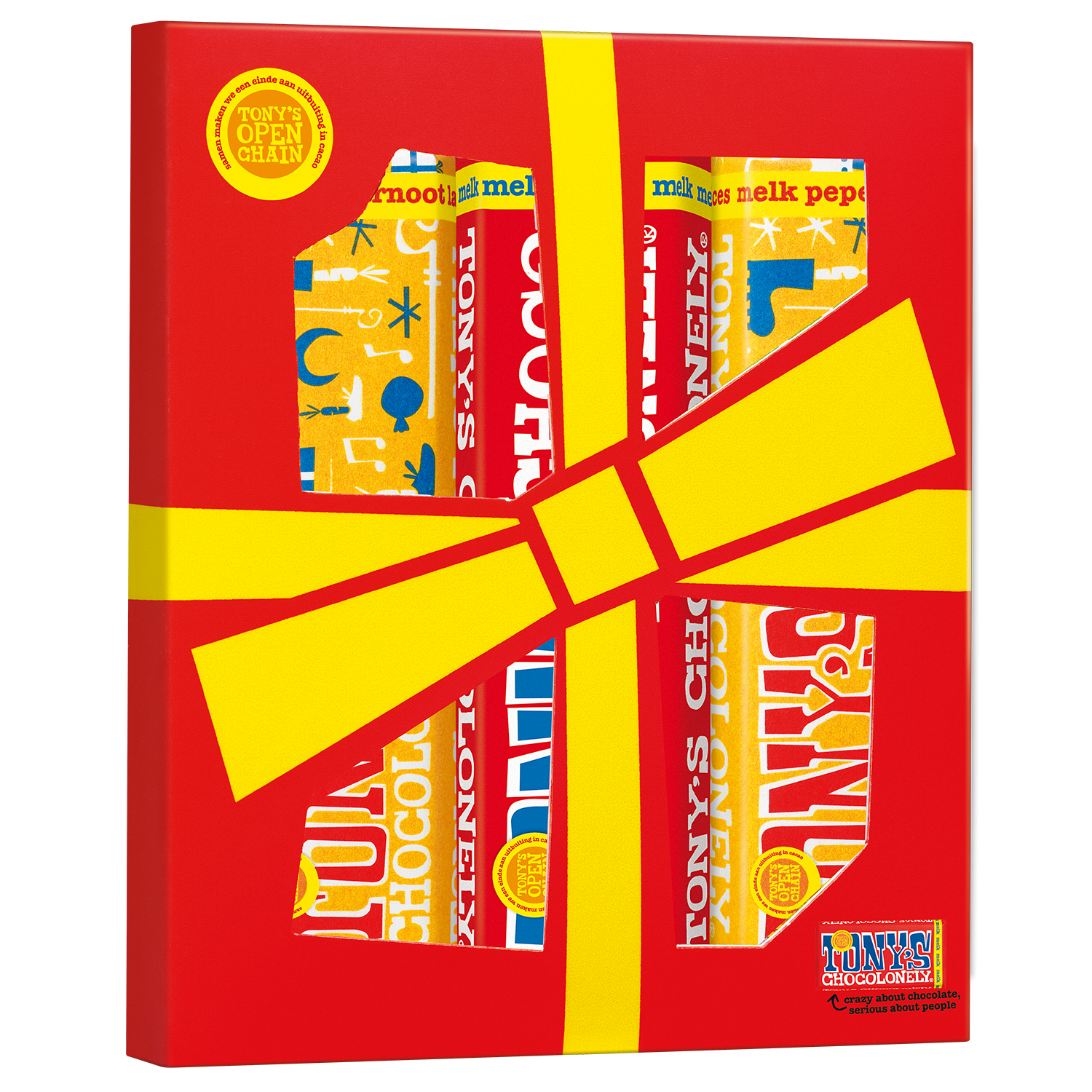 Tony’s Chocolonely Sinterklaas cadeaupakket met drie kleine repen: één melkchocoladereep en twee melk pepernoot repen in feestelijke verpakking.