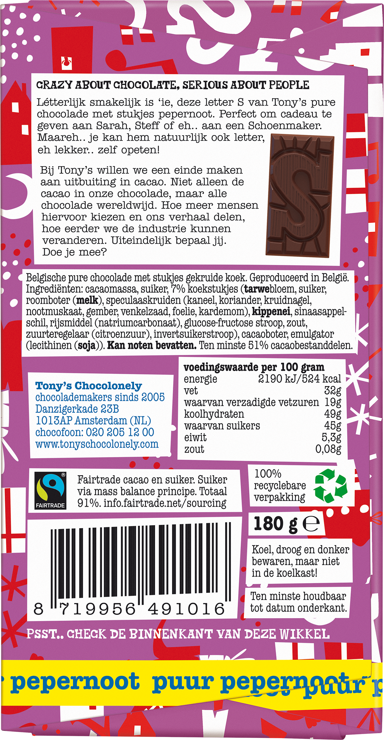 Achterkant van Tony’s Chocolonely pure chocolade pepernoot letter S voor Sinterklaas met ingrediënten, voedingswaarden en Fairtrade-details.