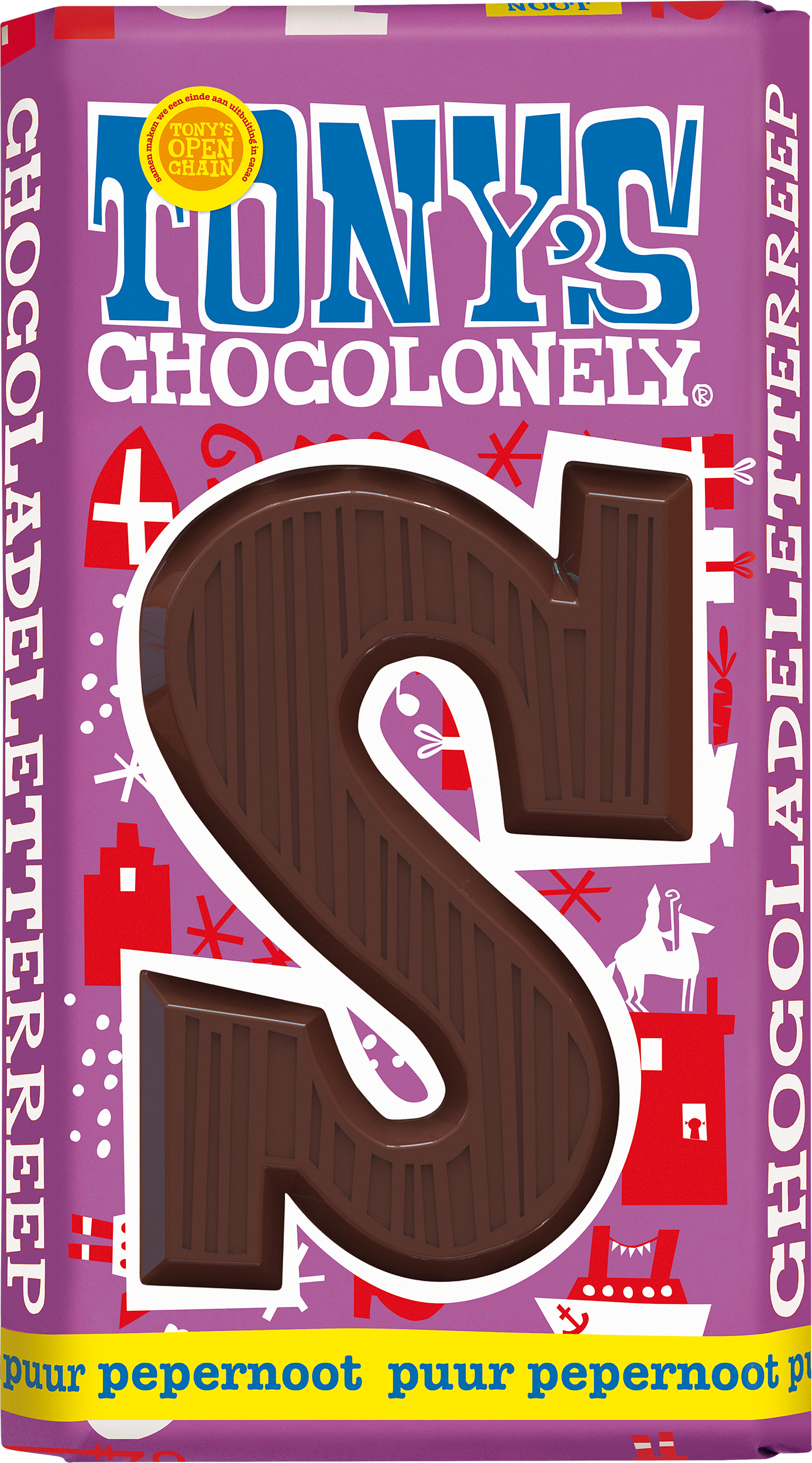 Tony’s Chocolonely Sinterklaas chocoladeletter S in pure pepernoot smaak in paarse verpakking.