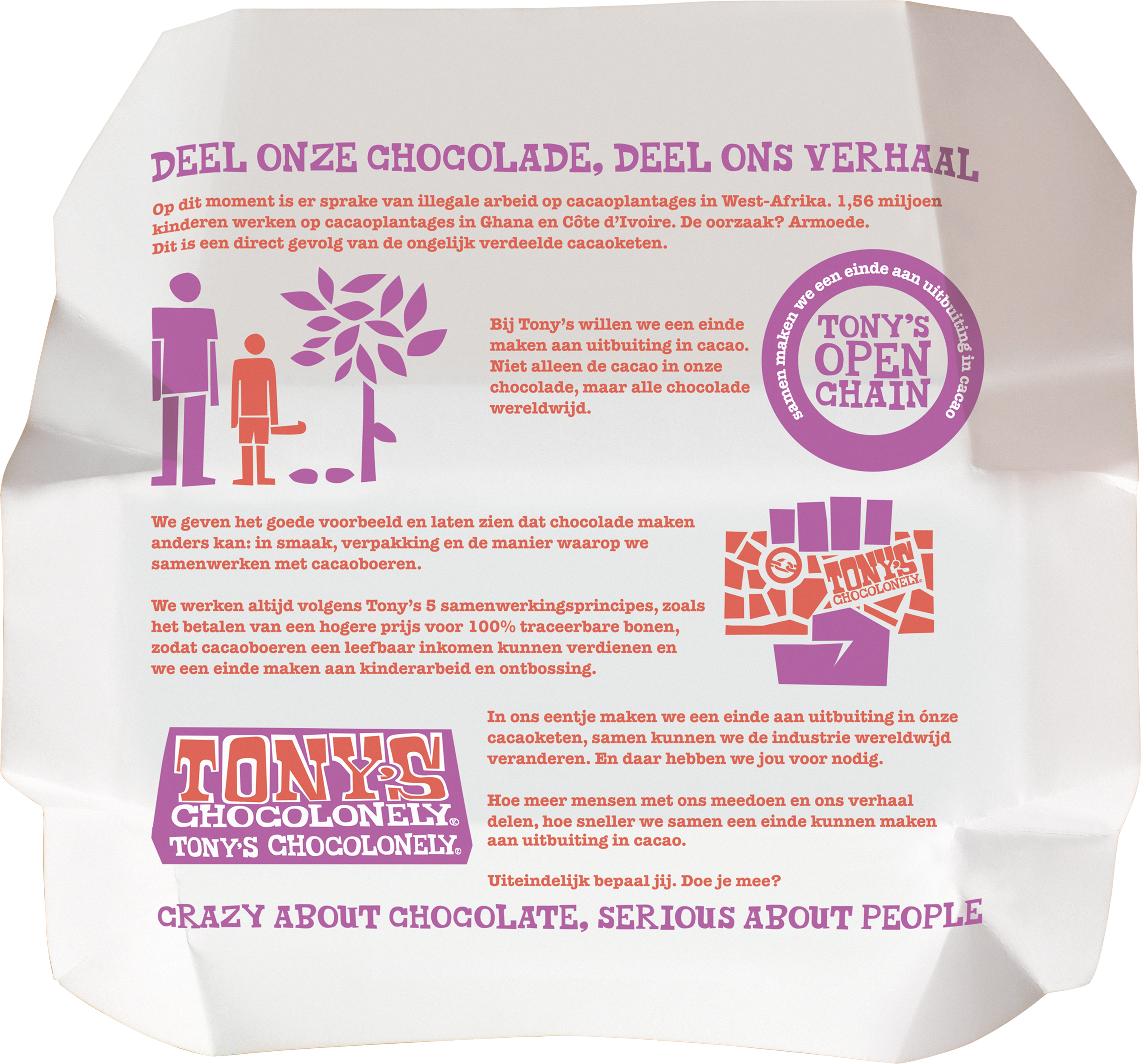 Binnenkant van de wikkel van Tony’s Chocolonely Sinterklaas letter S met feestelijke kleuren en productinfo voor de pepernoot smaak.