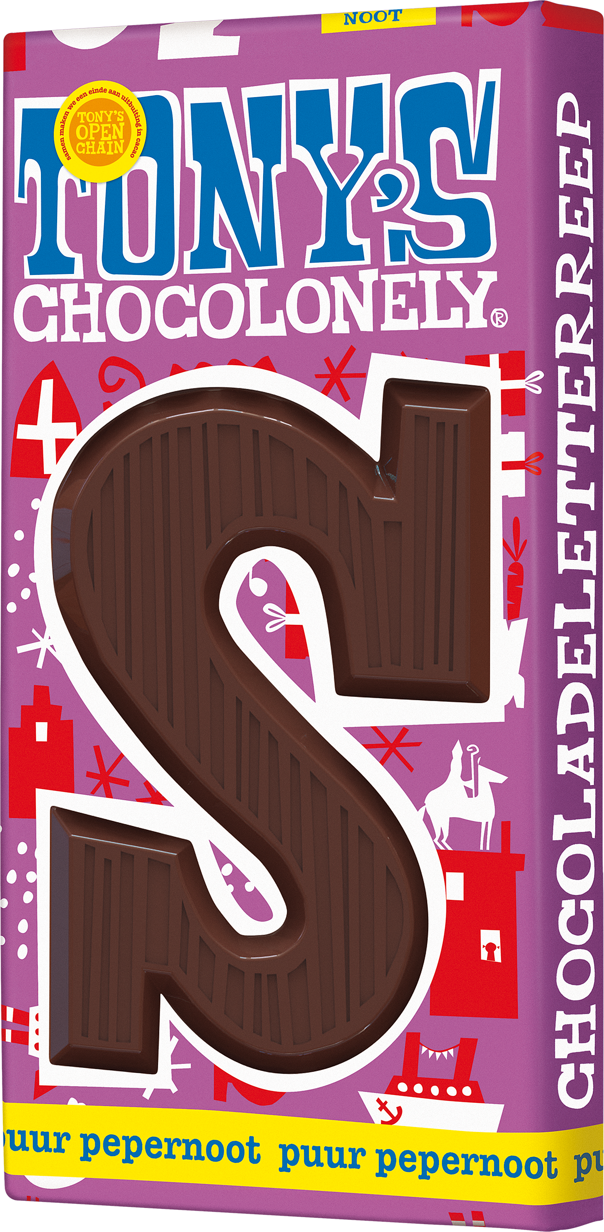 Schuine weergave van Tony’s Chocolonely pure chocolade pepernoot letter S voor Sinterklaas met feestelijke wikkel.