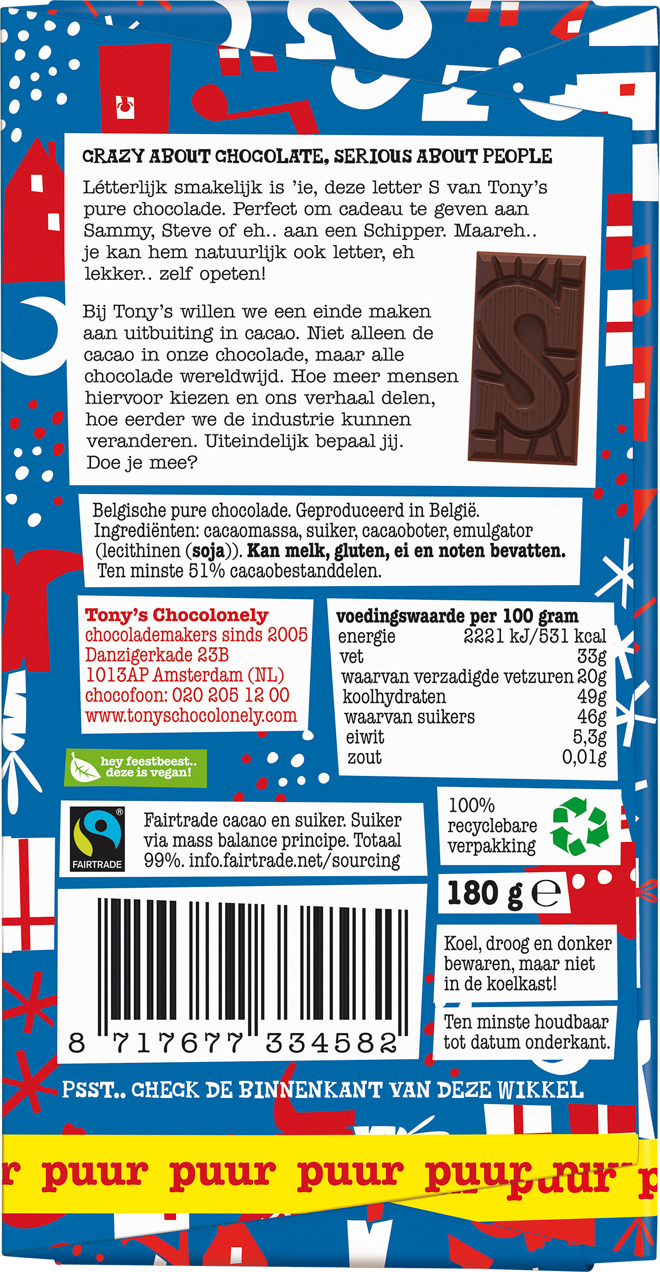 Achterkant van Tony’s Chocolonely pure chocolade letter S voor Sinterklaas met ingrediënten, voedingswaarden en Fairtrade-details.