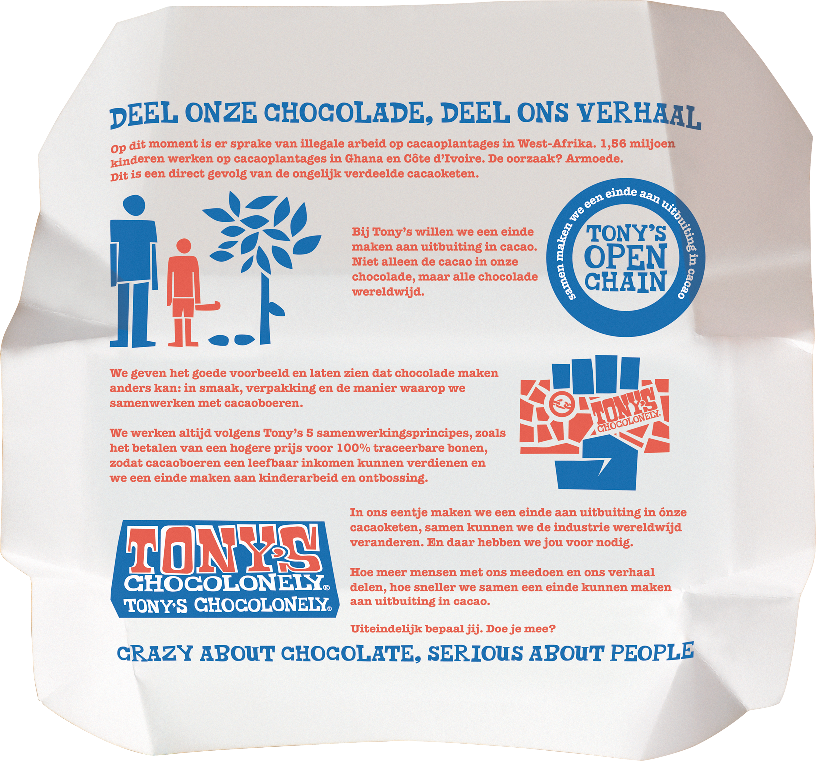 Binnenkant van de wikkel van Tony’s Chocolonely Sinterklaas pure chocolade letter S met informatie over Tony’s.
