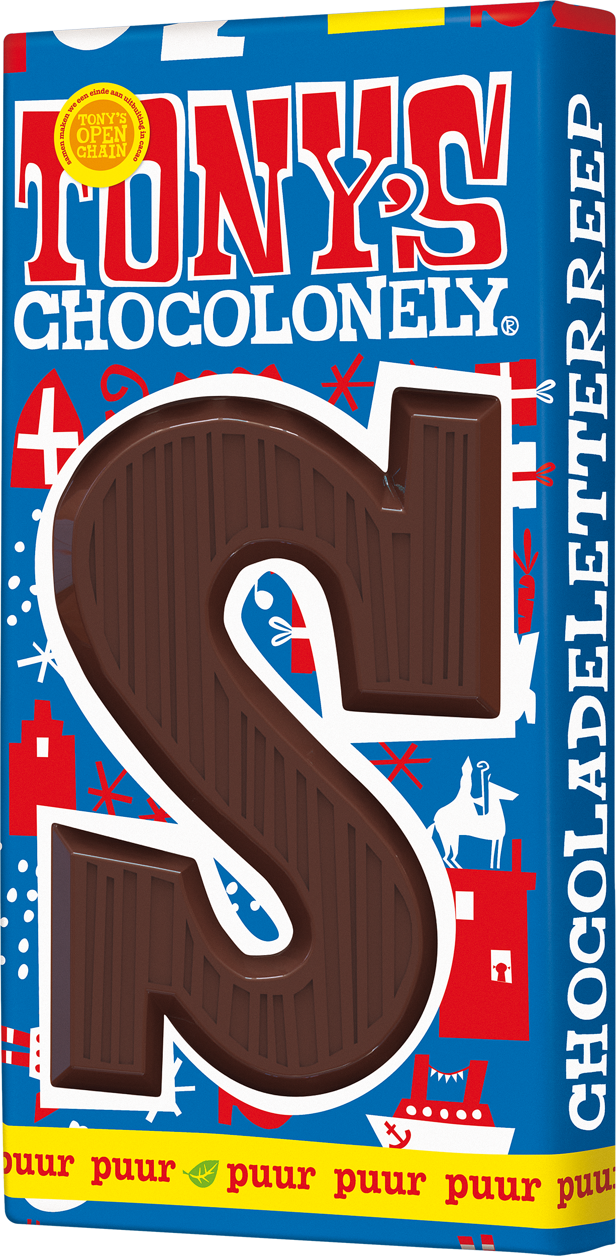 Schuine weergave van Tony’s Chocolonely pure chocolade letter S voor Sinterklaas.