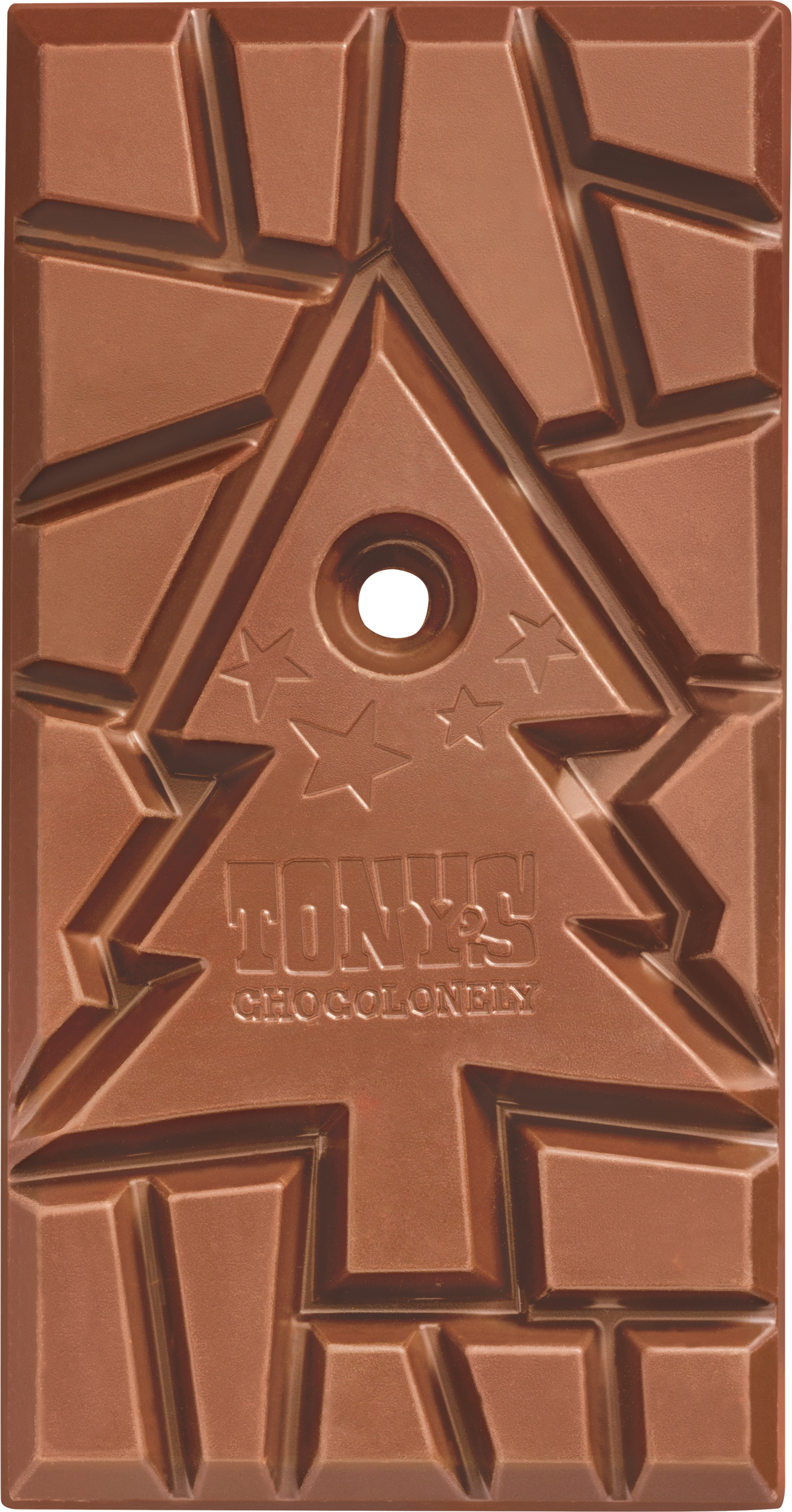 Onverpakte melk gingerbread chocoladereep van Tony’s Chocolonely met logo en kerstboomgedeelte om in de kerstboom te hangen.