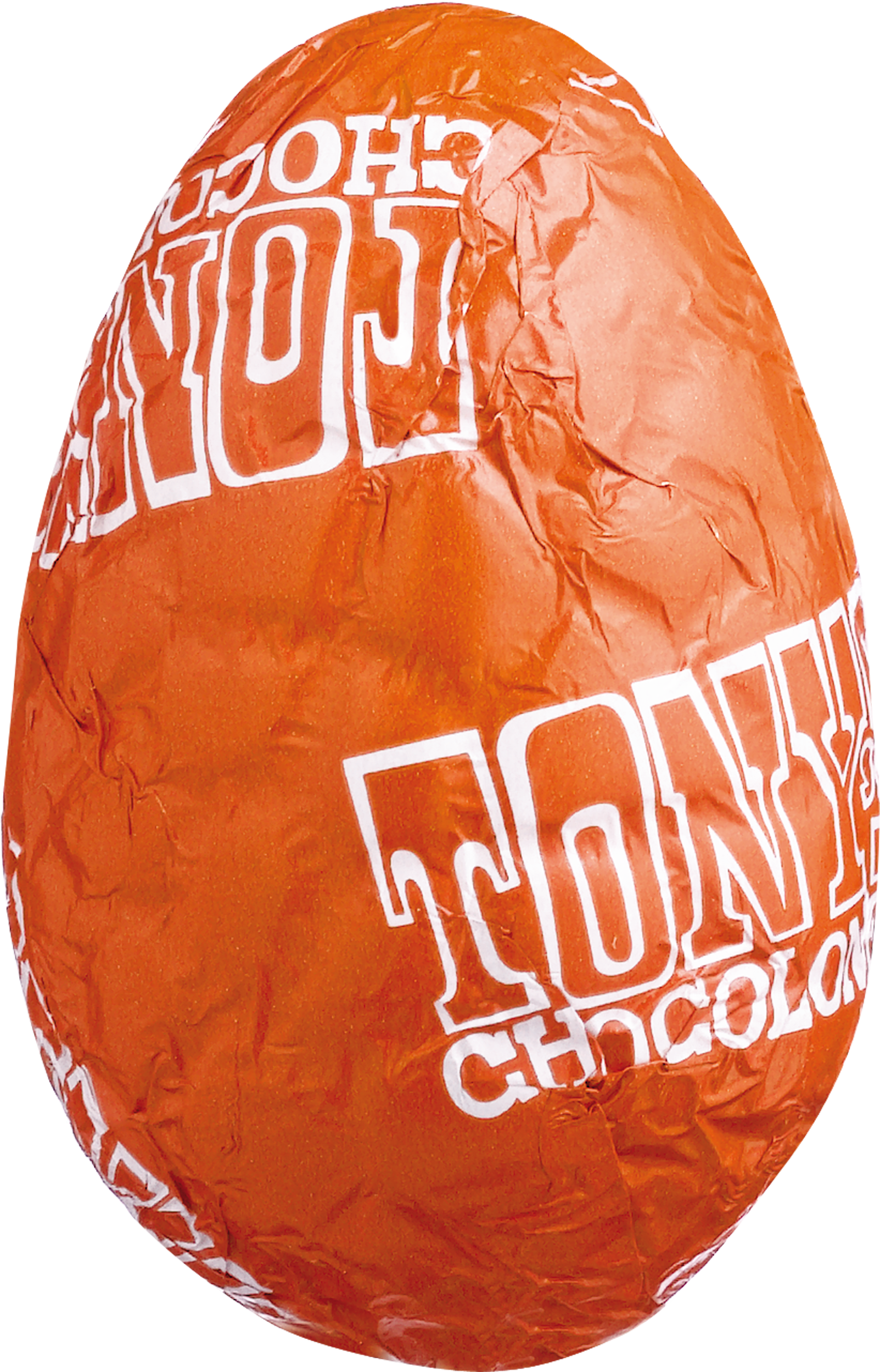 Close-up bulk chocolade paaseitje melk karamel zeezout in oranje folie met Tony’s logo