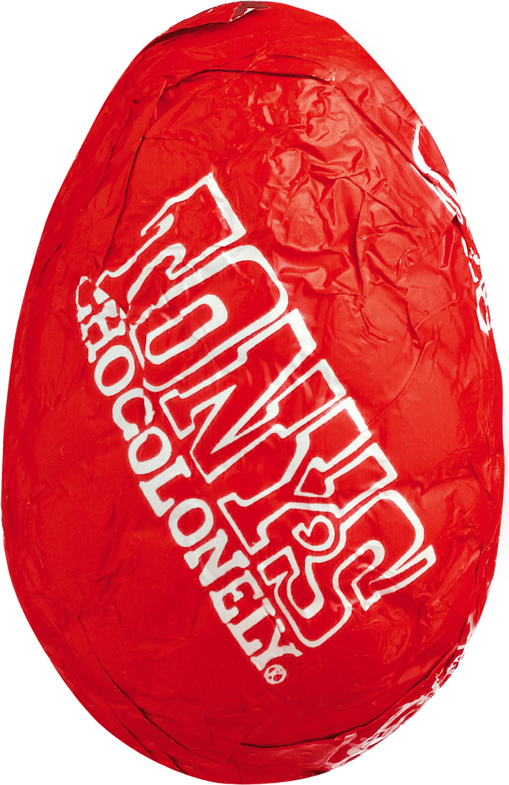 Close-up bulk chocolade paaseitje in rode folie met Tony’s logo