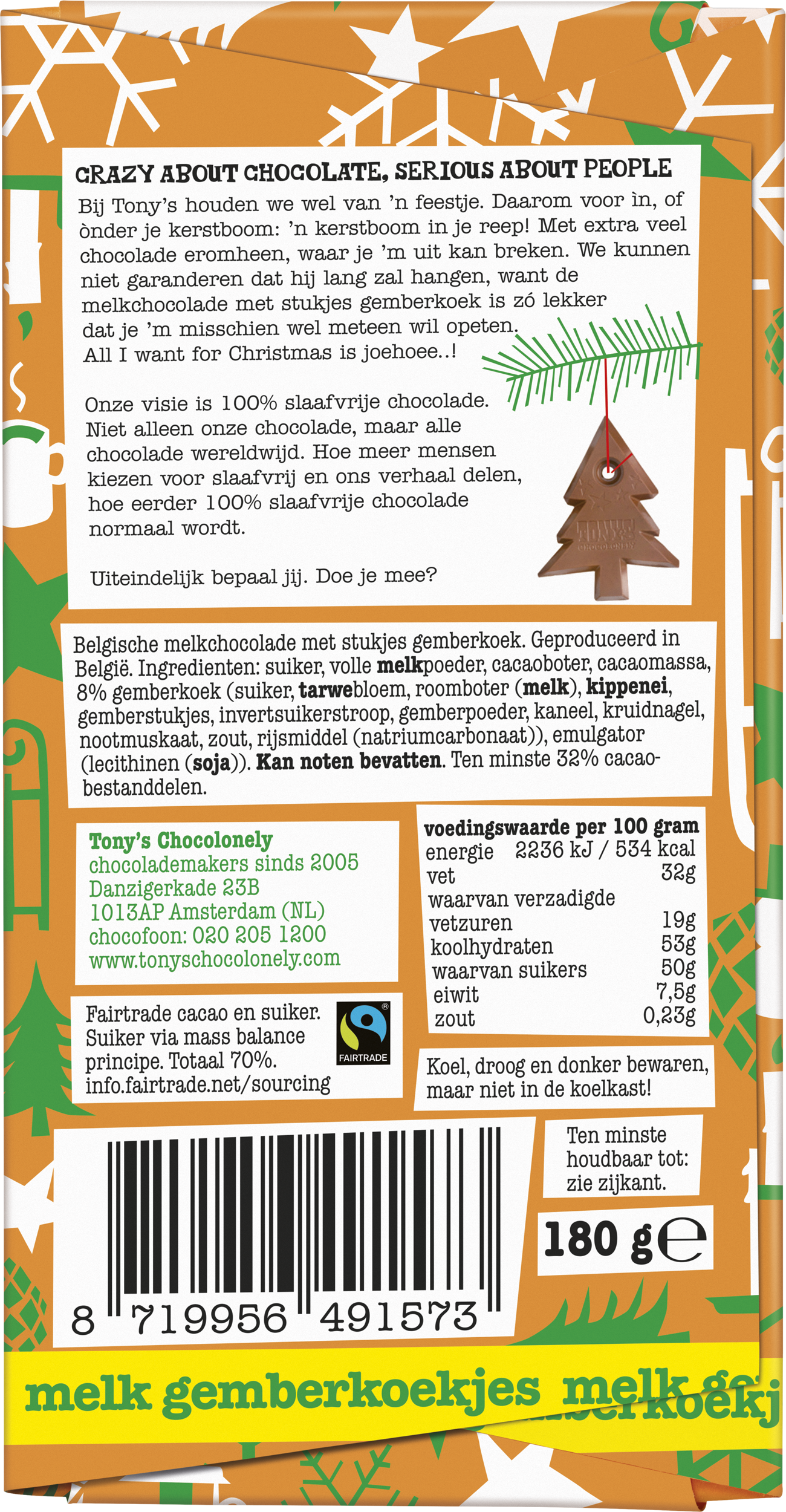 Achterkant van Tony’s Chocolonely melk gingerbread chocoladereep met ingrediënten, Fairtrade-label en informatie over cacaobronnen.