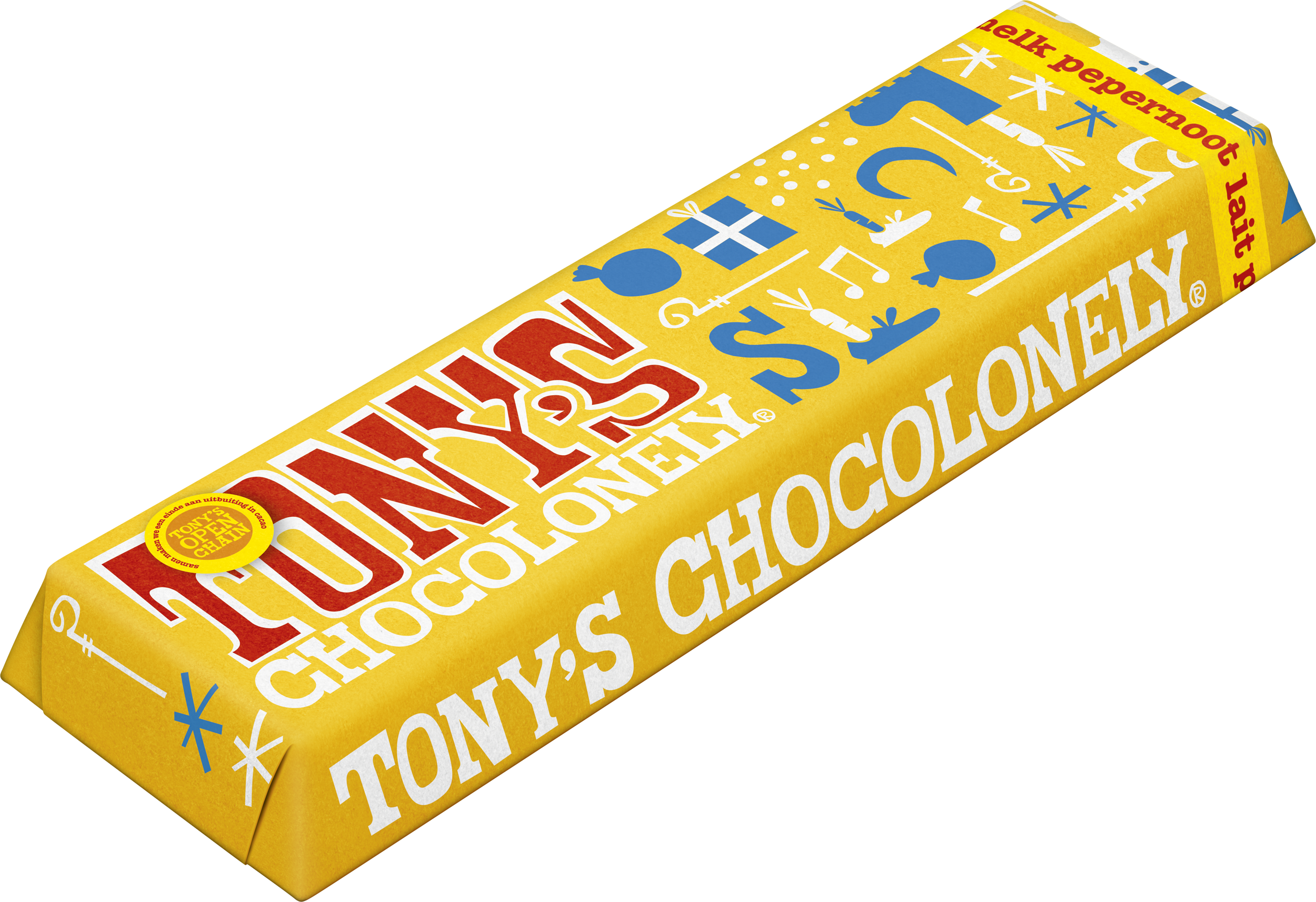 Zijaanzicht van Tony’s Chocolonely kleine melk chocolade pepernoot reep met gele Sinterklaas-wikkel.