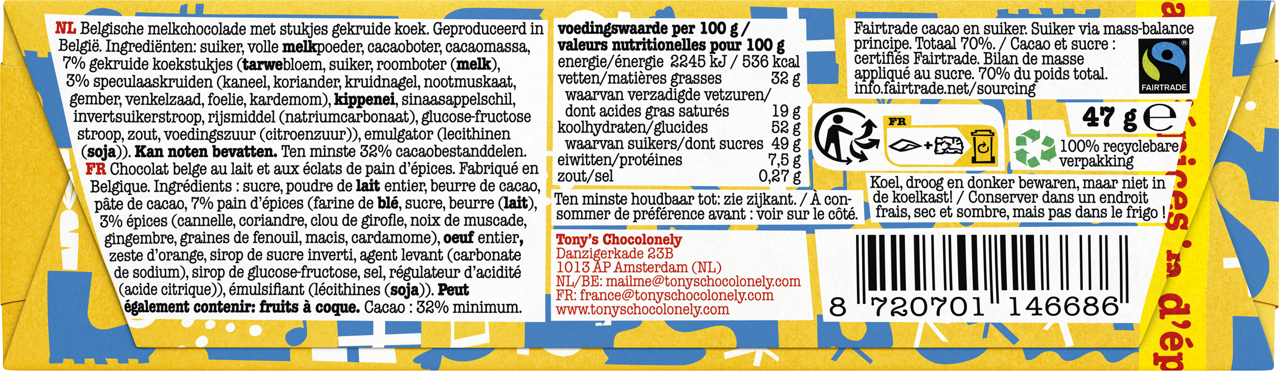 Achterkant van Tony’s Chocolonely kleine melk chocolade pepernoot reep met ingrediënten, voedingswaarden en Fairtrade-details.